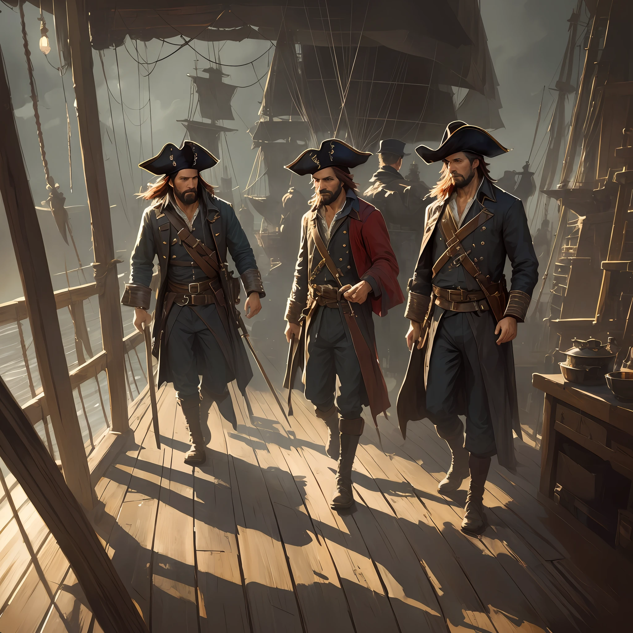 There are four men standing on an old pirate ship together looking at the camera, they are pirates, dressed as pirates, the floor is dark wood, the walls are dark wood, super high resolution, dark dramatic lighting, modelshoot style, (extremely detailed CG unit 8k wallpaper), photo of the most beautiful artwork in the world, majestic professional oil painting by Ed Blinkey, Atey Ghailan, Studio Ghibli, by Jeremy Mann, Greg Manchess, Antonio Moro, trending on ArtStation, trending on CGSociety, Intricate, High Detail, Sharp focus, dramatic, photorealistic painting art by midjourney and greg rutkowski, (brilliantly lit) --auto --s2