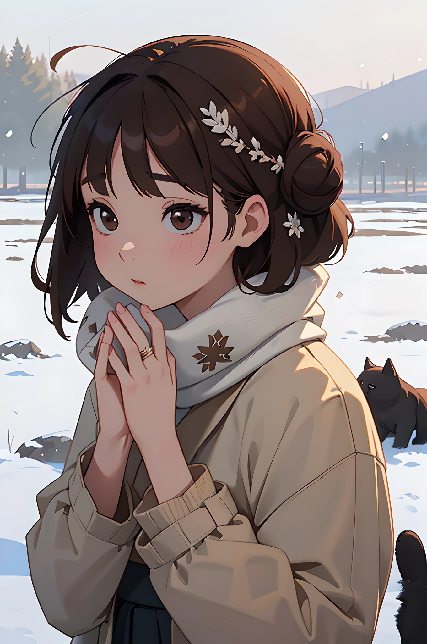 (masterpiece), (portrait), (aesthetic), (beautiful), (upper blody), (high quality), (aesthetic clothings), (professional angle), (rule of thirds), (Feminine), (woman), (female), (beautiful),(feminine features), (21 years), solo, 1 woman, (attractive Japanese), Winter, (Falling Snow), (Night), (Soft light), ((Holding a Cat)), (Hands around the cat), ((Looking downwards Face)), ((Cozy)), (Natural Make-up), (Moderate Bust), (Scarf), ((Medium Hair)), (Dark Brown Hair), (Straight Hair), (Neat Bun hair), (Floral Accessories in the Hair in Hair), (Half-open Eyes), (Brown Eyes), (Serene Look), Fair skin, (Subtle Embellishments Clothing), (Sweater), (Coat), (Skirt ), (Boat Neck Neckline), ((Snowy Landscape background)), (Close-Up Shot),