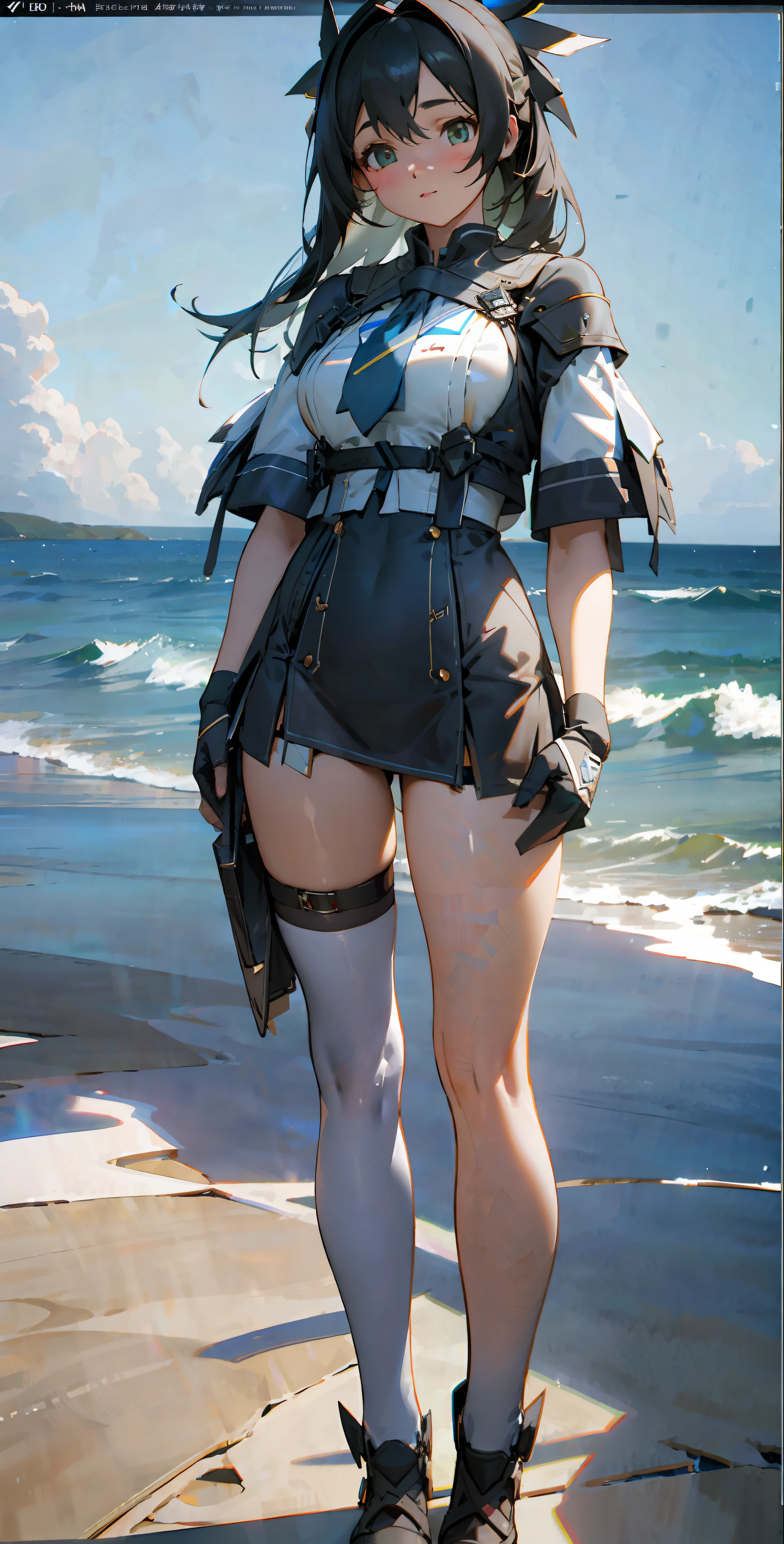 ((Best Quality)), ((Masterpiece)), (Details: 1.4), 3D, Girl Image of Seaside Stockings, Cute, Sunny, HDR (High Dynamic Range), Ray Tracing, NVIDIA RTX, Super-Resolution, Unreal 5, Subsurface Scattering, PBR Textures, Post Processing, Anisotropic Filtering, Depth of Field, Maximum Sharpness and Sharpness, Multi-layer Textures, Albedo and Highlight Maps, Surface Coloring, Precise simulation of light-material interactions, perfect proportions, Octane Render, bicolor light, large aperture, low ISO, white balance, rule of thirds, 8K RAW, delicate hands