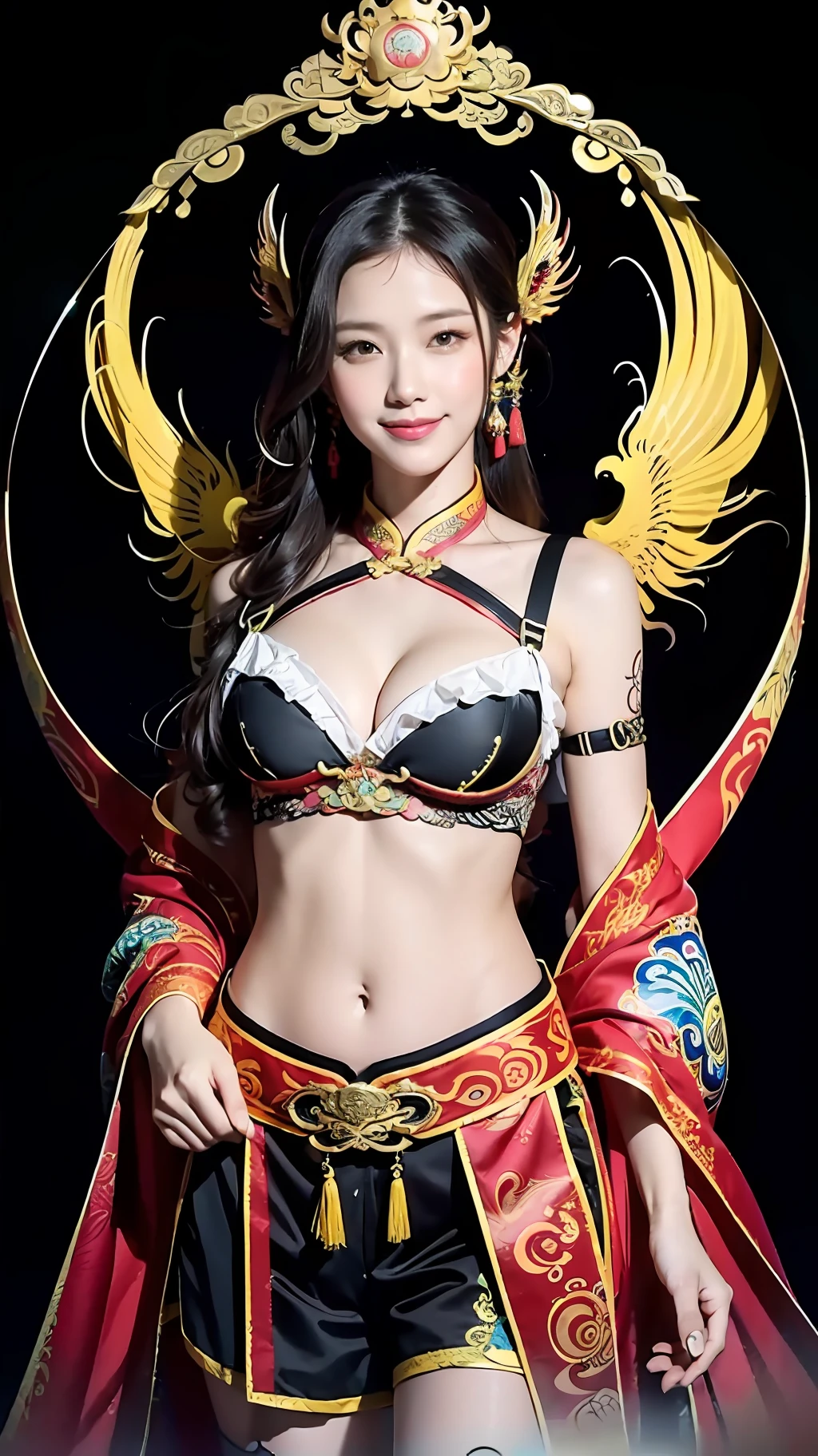 Official Art, Unified 8K Wallpapers, Ultra Detailed, Beautiful and Aesthetic, Masterpiece, Best Quality, (Zentangle, Tangle, Entangle), (fractal art: 1.4), (character center: 1.3), 1girl, black hair, Chinese, off-the-shoulder, transparent breast patch, no suspenders, calf, navel, very detailed, dynamic angle, cowboyshot, (most beautiful form chaos), ethereal, (bright colors), oc, (half: 1.2), china, (thangka flying sky: 1.5), (ribbon: 1.3), (dream: 1.5), (tattoo: 1.5), Chinese dragon, Chinese phoenix, (smile: 0.5 ), (Chinese deity),