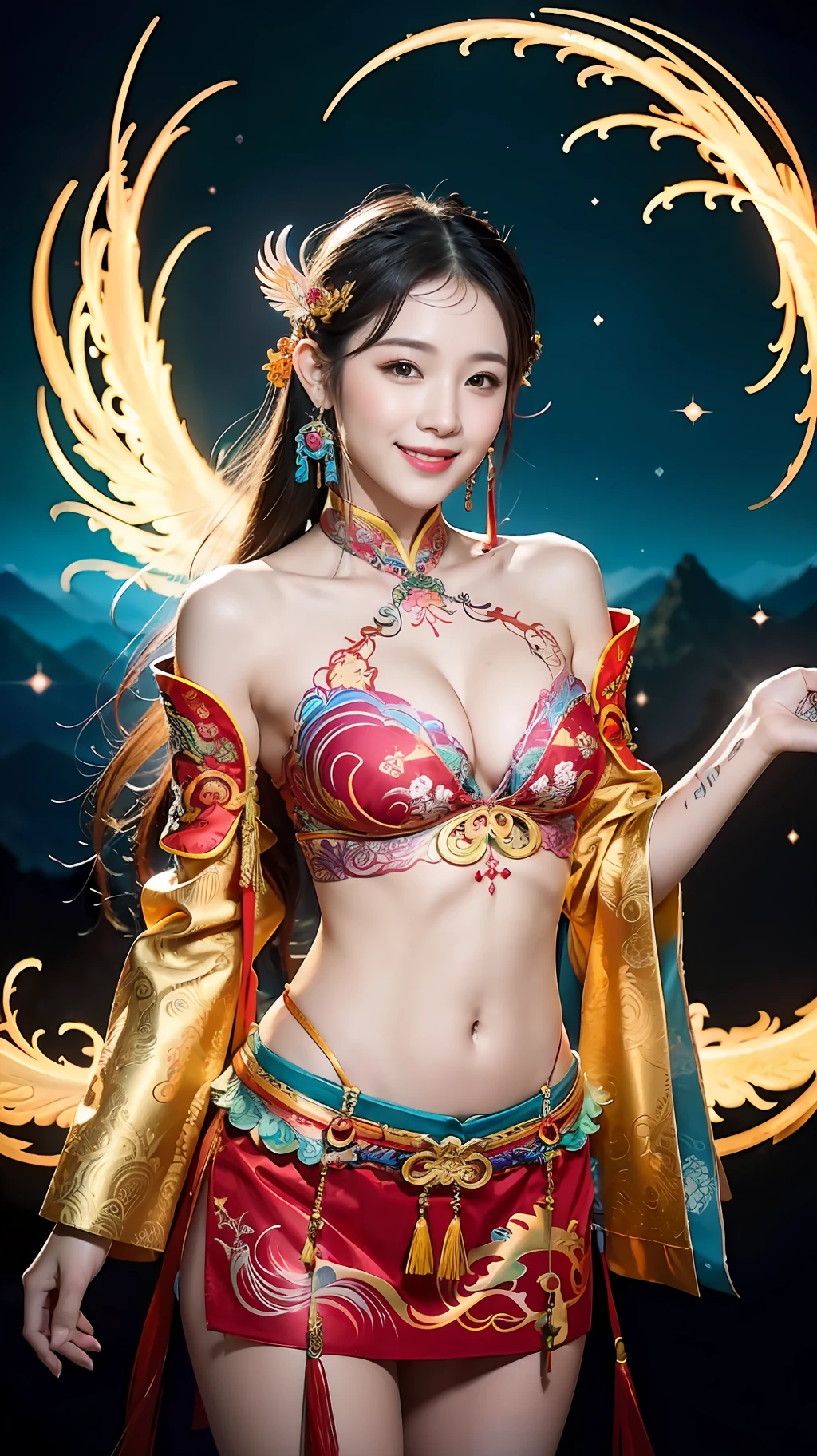 Official Art, Unified 8K Wallpapers, Ultra Detailed, Beautiful and Aesthetic, Masterpiece, Best Quality, (Zentangle, Tangle, Entangle), (fractal art: 1.4), (character center: 1.3), 1girl, black hair, Chinese, off-the-shoulder, transparent patch, no suspenders, calf, navel, very detailed, dynamic angle, cowboyshot, (most beautiful form chaos), ethereal, (bright colors), oc, (half: 1.2), china, (thangka flying sky: 1.5), (ribbon: 1.3), (dream: 1.5), (tattoo: 1.5), Chinese dragon, Chinese phoenix, (smile: 0.5 ), (Chinese deity),