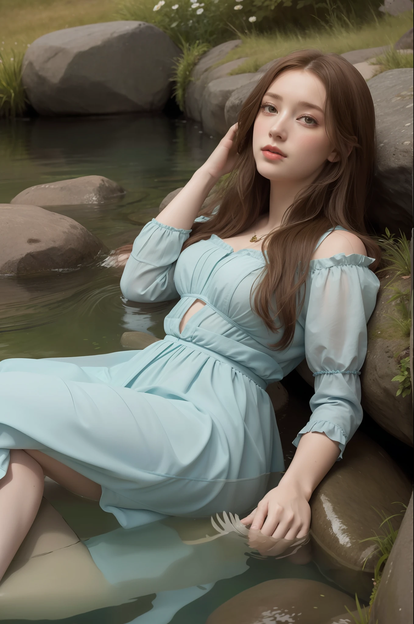 a painting of a woman laying on a rock in a river, ophelia, millais, by John Everett Millais, by Arthur Hughes, inspired by Arthur Hughes, y pre-raphaelite, pre - raphaelites, pre-raphaelites, in water! john everett millais, pre-raphaelite oil painting, pre-raphaelite style, pre - raphaelite style