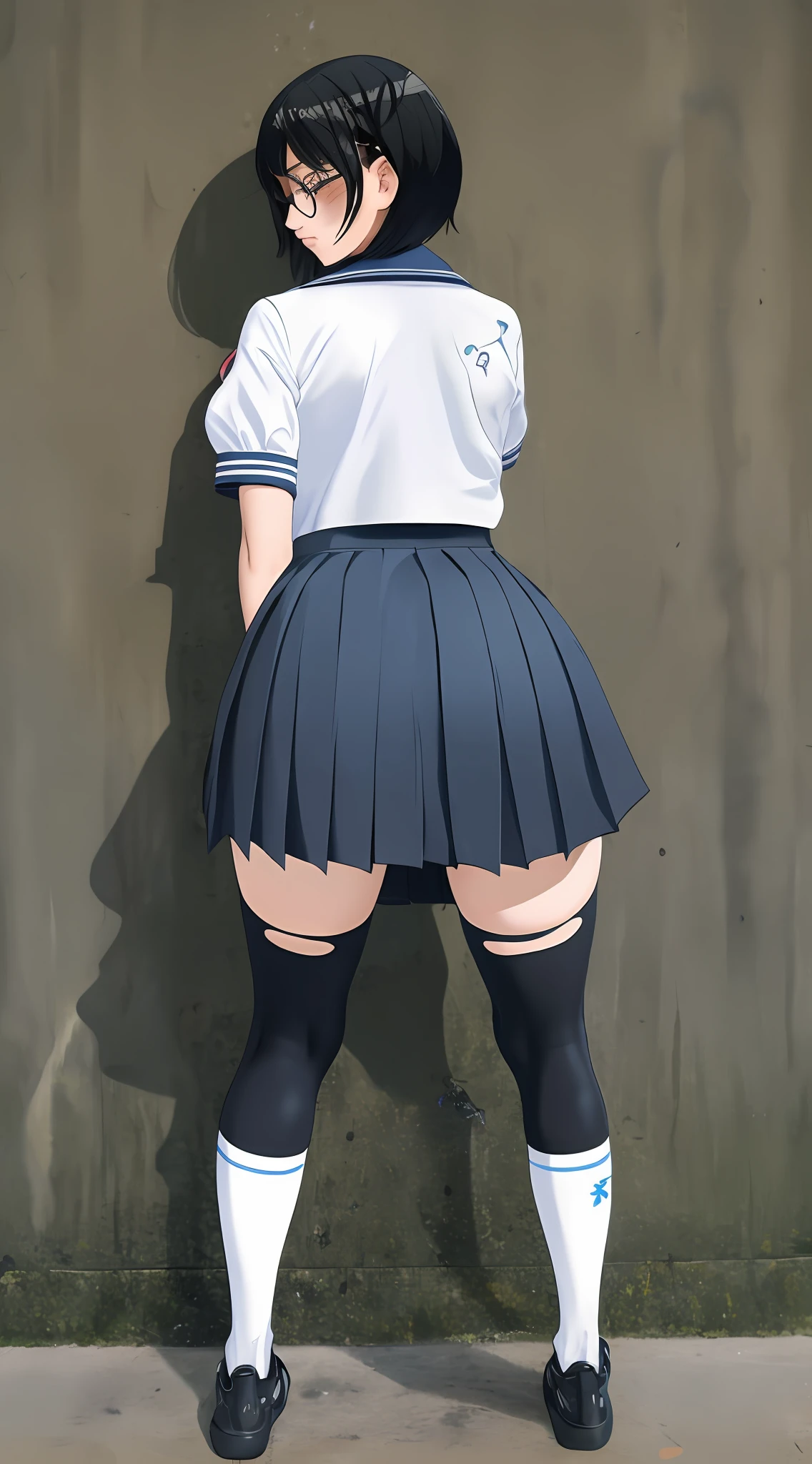 Suzuka, girl, short black hair, face, glasses, atarashii gakko leaders, shirt, leggings, socks, shoes, view from behind, pantyline, firm ass, nsfw, slim figure, drenched in fluid cum, dripped fluid cum fluids, hoe, tight blue skirt uniform, ass cheeks, cum dump celebrity, rape from behind, public, torn skirt, glancing smirking, in public, sensual h/orny