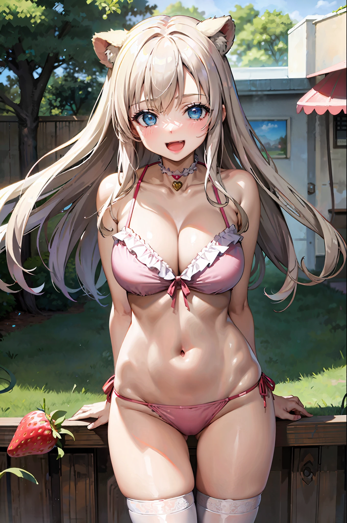 (leaning over:1.4), (masterpiece:1.2, best quality), (real picture, intricate details), 1girl, solo, absurdres, cowboy shot, standing, outdoors, :3, smile, bear girl, bear ears, ((light pink strawberry bikini)), frills, very detailed, white thighhighs, platinum blonde hair, gray blue eyes, long hair, ((red strawberry choker)), smile, open mouth, one fang, large breasts, cleavage, arms behind back,