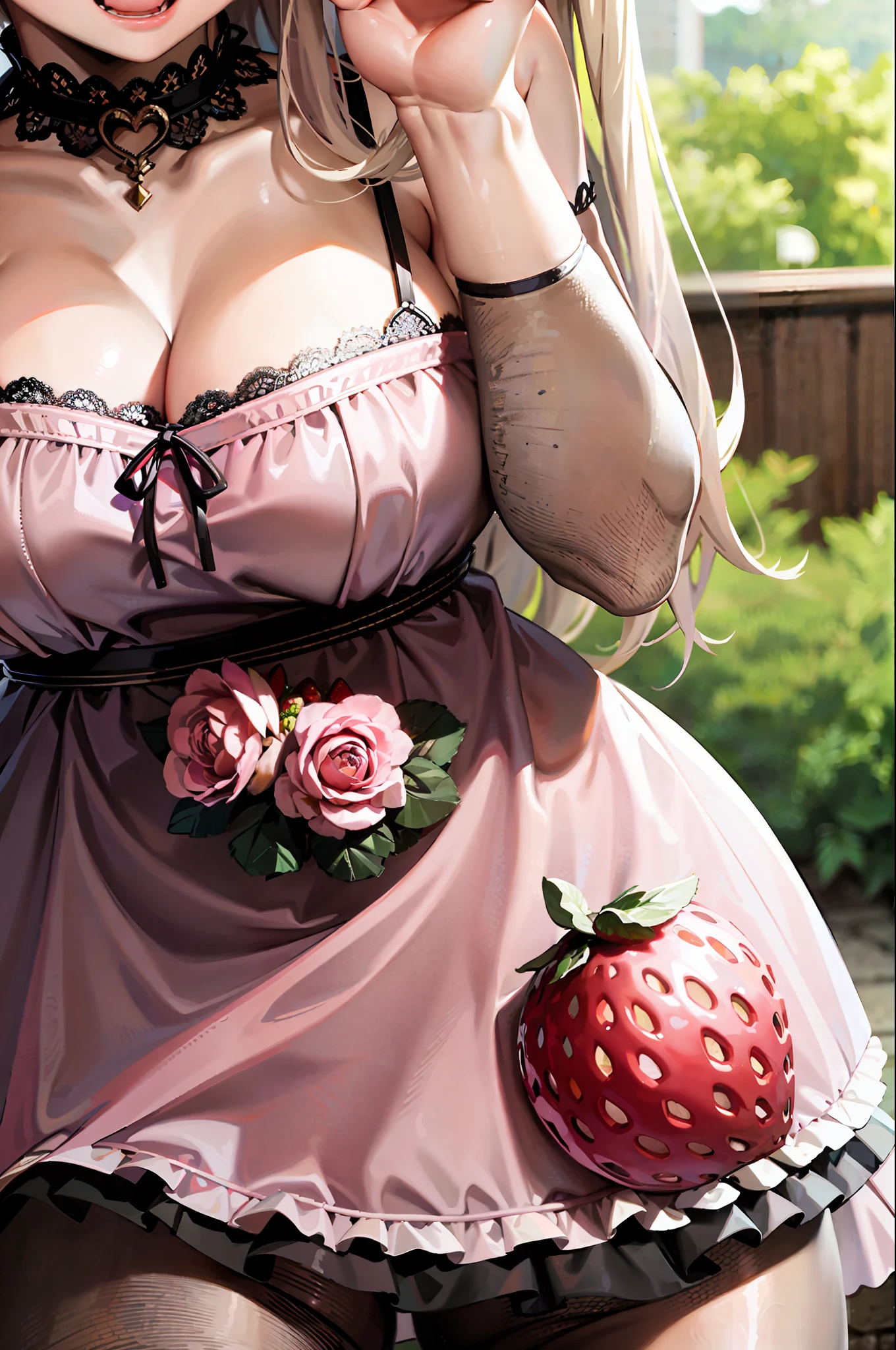 (close up:1.4), (masterpiece:1.2, best quality), (real picture, intricate details), 1girl, solo, absurdres, cowboy shot, standing, outdoors, :3, smile, bear girl, bear ears, ((light pink dress)), frills, very detailed dress, white thighhighs, platinum blonde hair, gray blue eyes, long hair, ((red strawberry choker)), smile, open mouth, one fang, large breasts, cleavage, sleeveless dress, arms behind back,