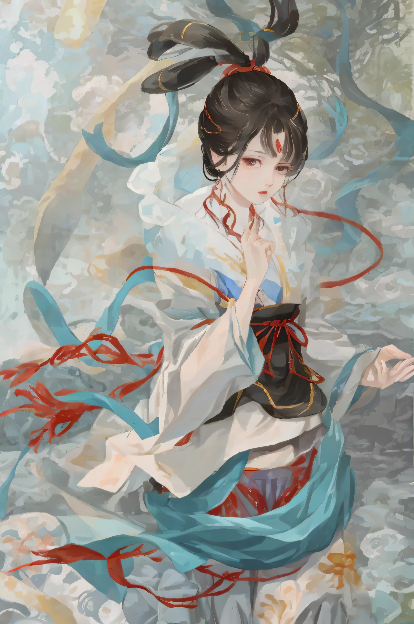 An ancient Chinese beauty sitting on a stone, wearing ancient Chinese clothing, flowing tulle, light silk, lazy posture, large lotus leaf, lotus, ink painting style, clean color, decisive cutting, blank, freehand, masterpiece, super detailed, epic composition, high quality, the highest quality, 4k --v 6