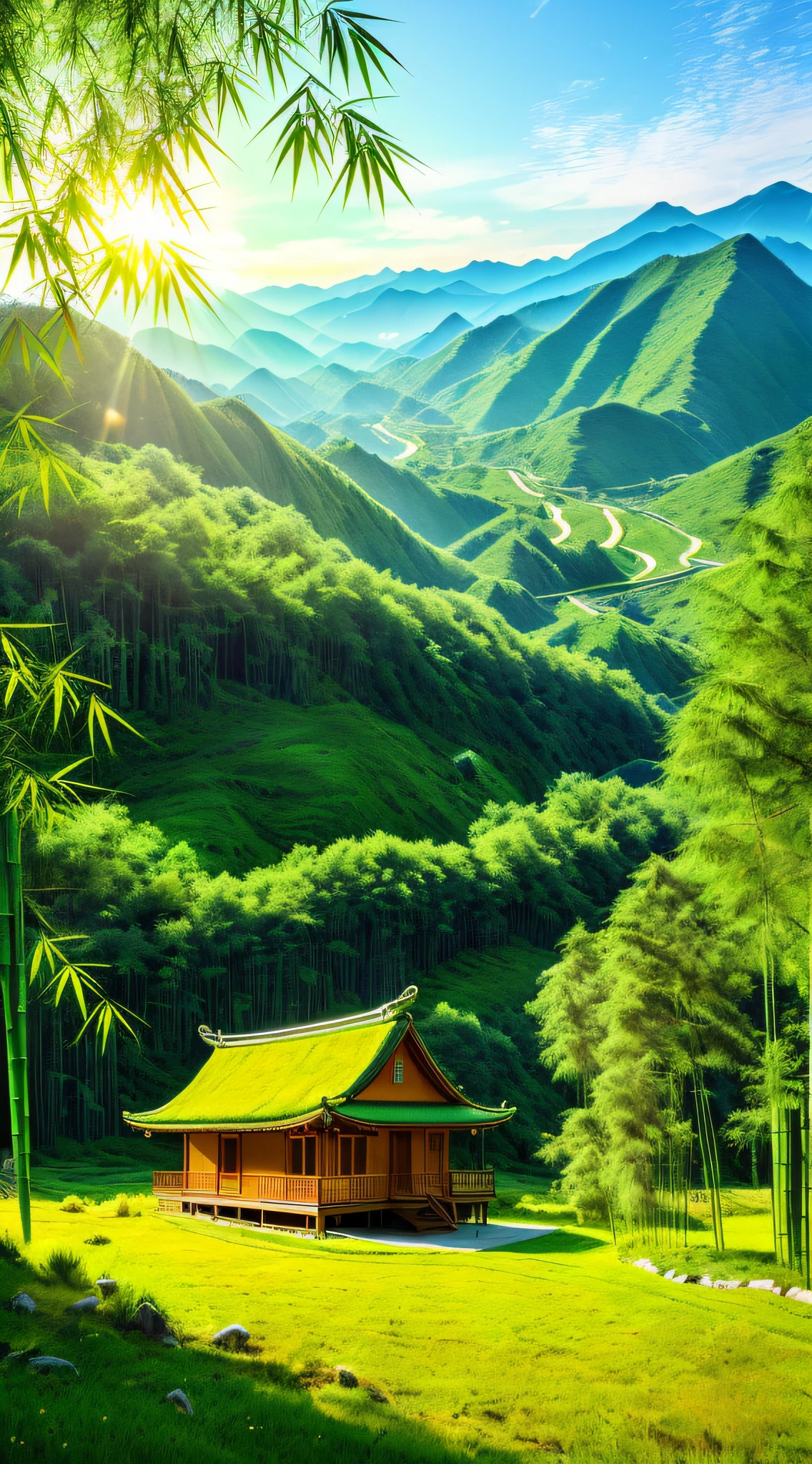 On a sunny day, the morning sun shines on the light green mountain top, the tender green bamboo forest, the wooden cabin with Chinese characteristics, the light green willow tree, the light green grass, the high-definition vision, the ultra-wide angle, the real ultra-clear detail, shocking, aesthetic, fantasy, surreal. Romantic, 8K, HD Ultra Detail