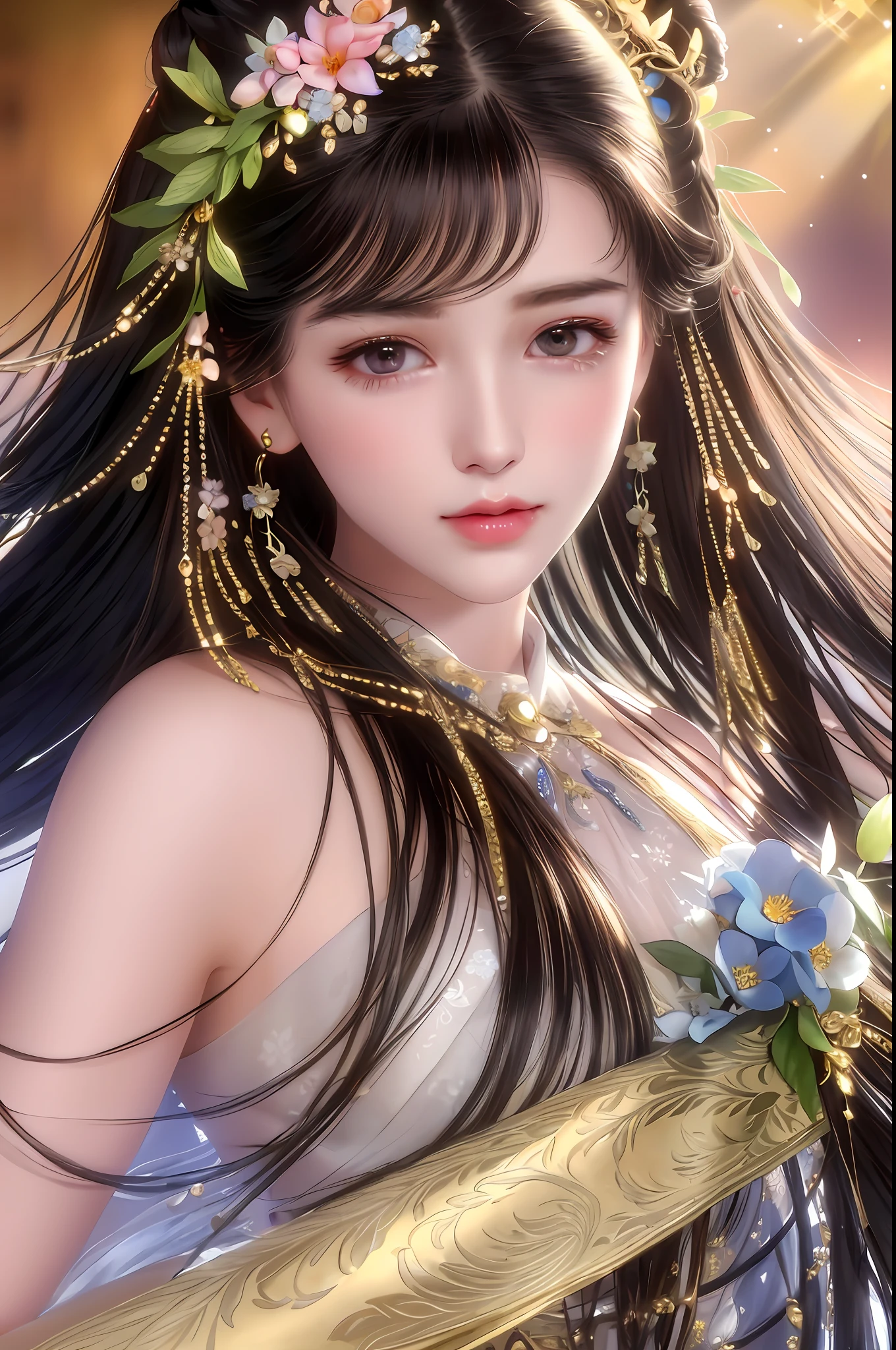(Masterpiece: 1.0), (Best quality: 1.4), (Ultra High resolution: 1.2), (Fine illustration: 1.4), (8k, RAW photo: 1.2), (Soft Focus: 1.4), Adult women, (30 years: 1.3), (China: 0.5), (Liu Yifei)), black hair, High quality, masterpiece, masterpiece, delicate facial features, delicate hair, delicate eyes, delicate hair coloring, 4K quality, brilliant light and shadow, ( masterpiece), (best quality), (1girl), round eyes long hair, out-of-home shooting, bright colors, symmetrical face, perfect skin, volumetric light, stunning environment, rich detail, hyper-realistic, impersonation, beautiful lips, intricate hair accessories, cinema lights, bright light, bright colors, bokeh background, (floral background),