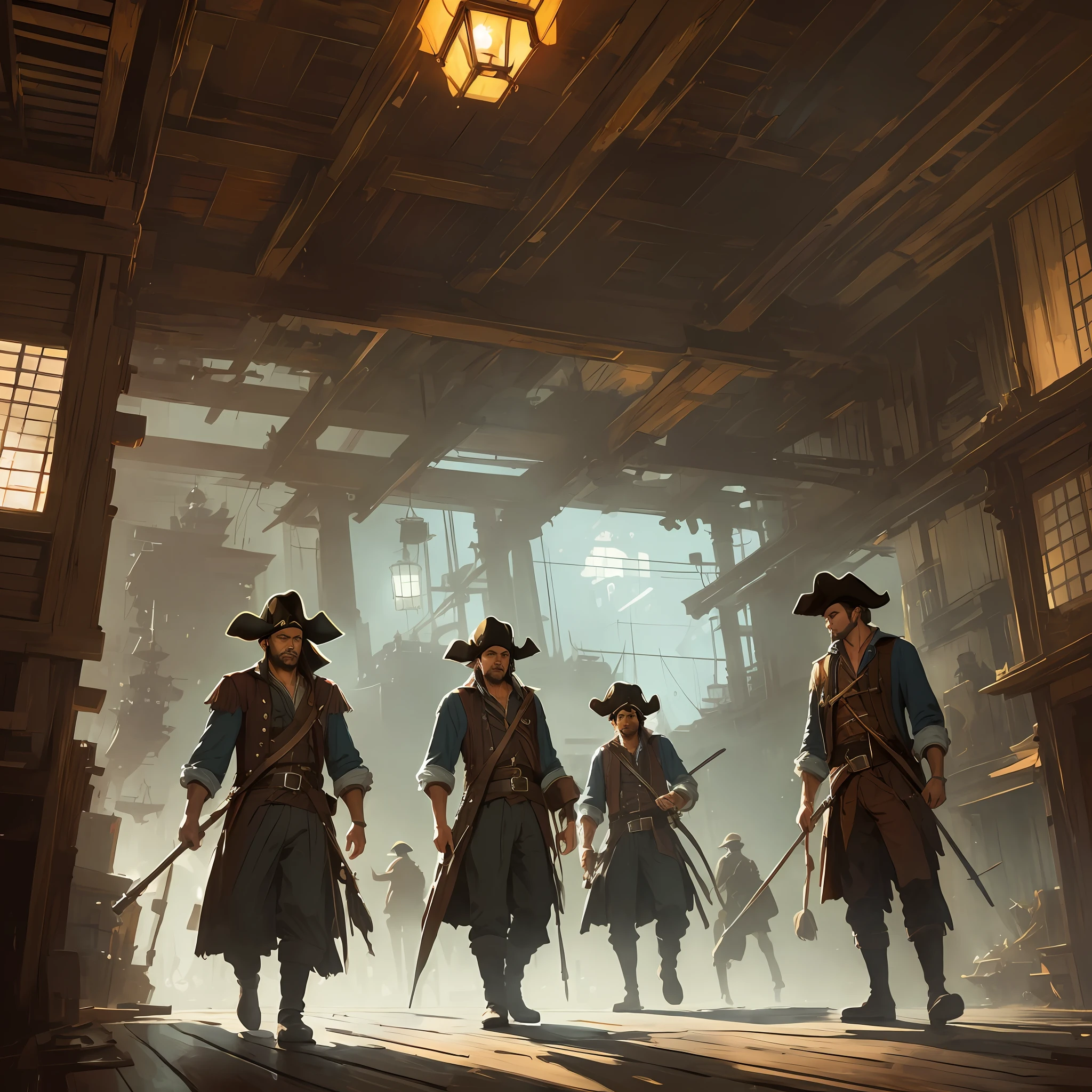 There are four men standing on an old pirate ship together looking at the camera, they are pirates, dressed as pirates, the floor is dark wood, the walls are dark wood, super high resolution, dark dramatic lighting, modelshoot style, (extremely detailed CG unit 8k wallpaper), photo of the most beautiful artwork in the world,  majestic professional oil painting by Ed Blinkey, Atey Ghailan, Studio Ghibli, by Jeremy Mann, Greg Manchess, Antonio Moro, trending on ArtStation, trending on CGSociety, Intricate, High Detail, Sharp focus, dramatic, photorealistic painting art by midjourney and greg rutkowski, (brilliantly lit) --auto --s2