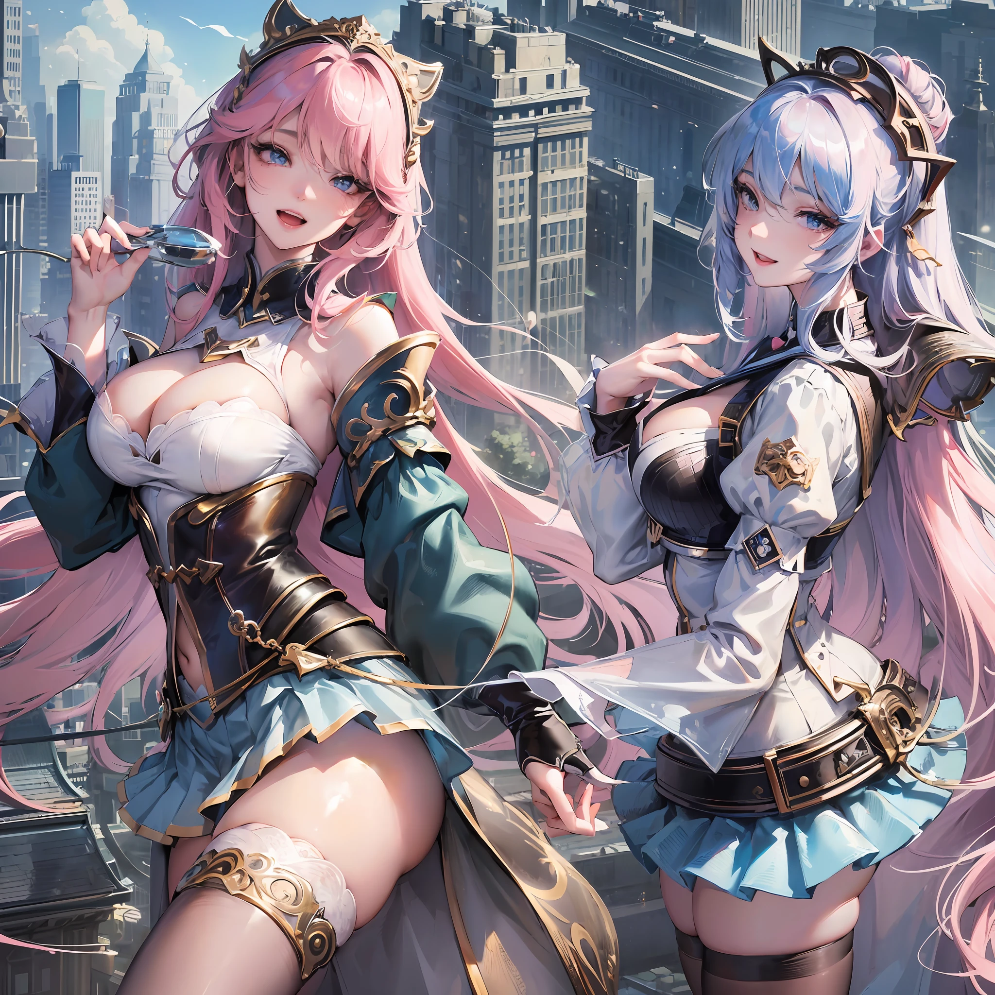 Official Art, Masterpiece, Sharp Focus, (Beautiful Gorgeous Cute Korean Woman: 1.3), (Beautiful Cute Korean: 1.3), Korean Beauty, Delicate Beautiful Hair and Eyes and Face, Realistic, Ultra Detailed, Beautiful Girl, Blue Sky, Glowing White Particles, (Sidelighting: 1.2), Sunlight, White Clouds, Delicate Clouds, Slender, Cute Big Breasts Big Buttocks, Toothy Laughing, ((Laughing with Eyes Open)), Landscape, Long Straight Hair, Sexy Facial Expressions, Architecture, ( Cityscape:1.7), Dynamic Hair, Long Straight Hair, Delicate Platinum Pink Hair, Glow Blue Eyes, (Blue Pleated Shirt + White Skirt), Black Stockings, Pale Skin, Hair Accessories, Epic Landscape,
