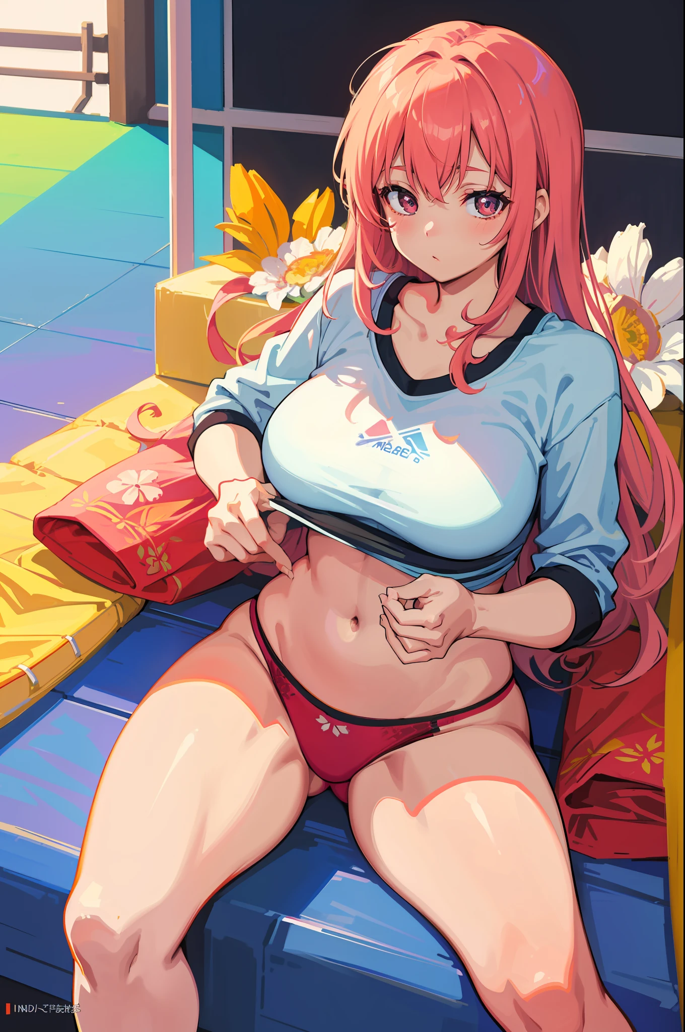 Masterpeace, Best Quality, 1 woman, 28 years old, (floral panties), bright colors, Volumetric lighting, Best shadows, Shallow depth of field, (Top quality, Amazing details: 1.25), Brilliant colorful paintings, in the gym