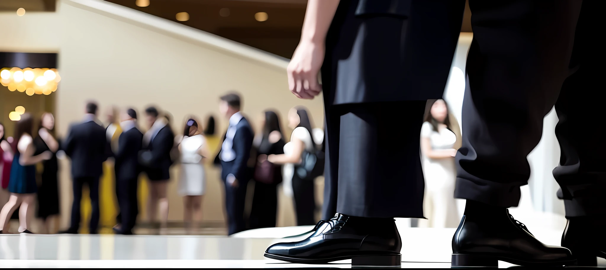 Modern hotel lobby, HD, multiple people queuing for check-in, clear