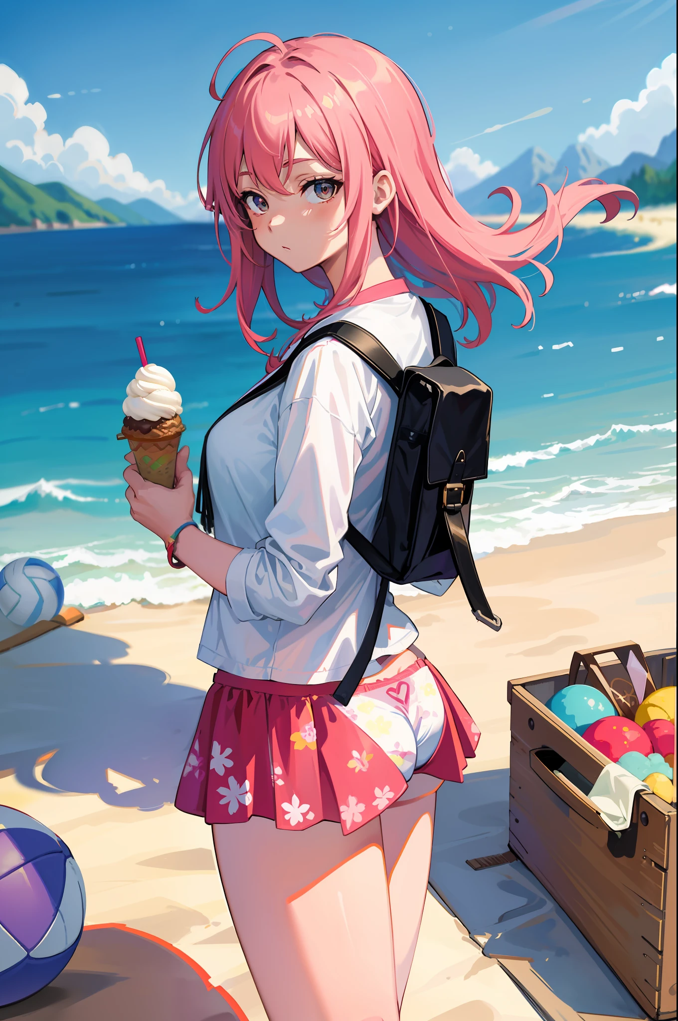 Masterpeace, Best Quality, 1 Woman, 28 Years Old, (Floral Panties), Bright Colors, Volumetric Lighting, Best Shadows, Shallow Depth of Field, (Top Quality, Amazing Details: 1.25), Brilliant Colorful Paintings, Nature, Picnic, Beach, Sea, Mountains, Volleyball, Backpack, Ice Cream