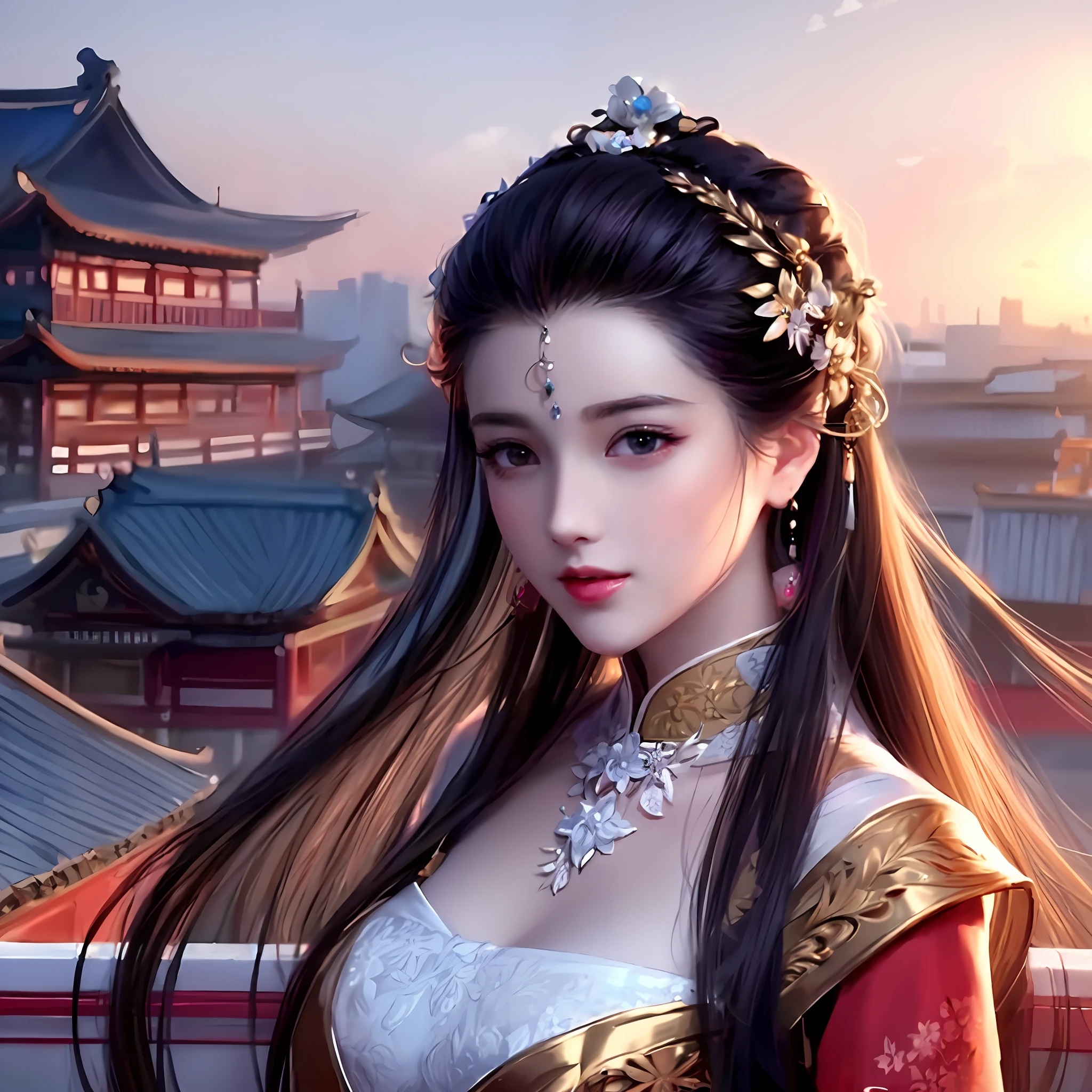 Best quality, masterpiece, high resolution, 1girl, porcelain, beautiful face, hair accessories, looking at the audience, smile, close mouth, lips, porcelain, dresses, hair accessories, necklaces, jewelry, long hair, earrings, hanfu