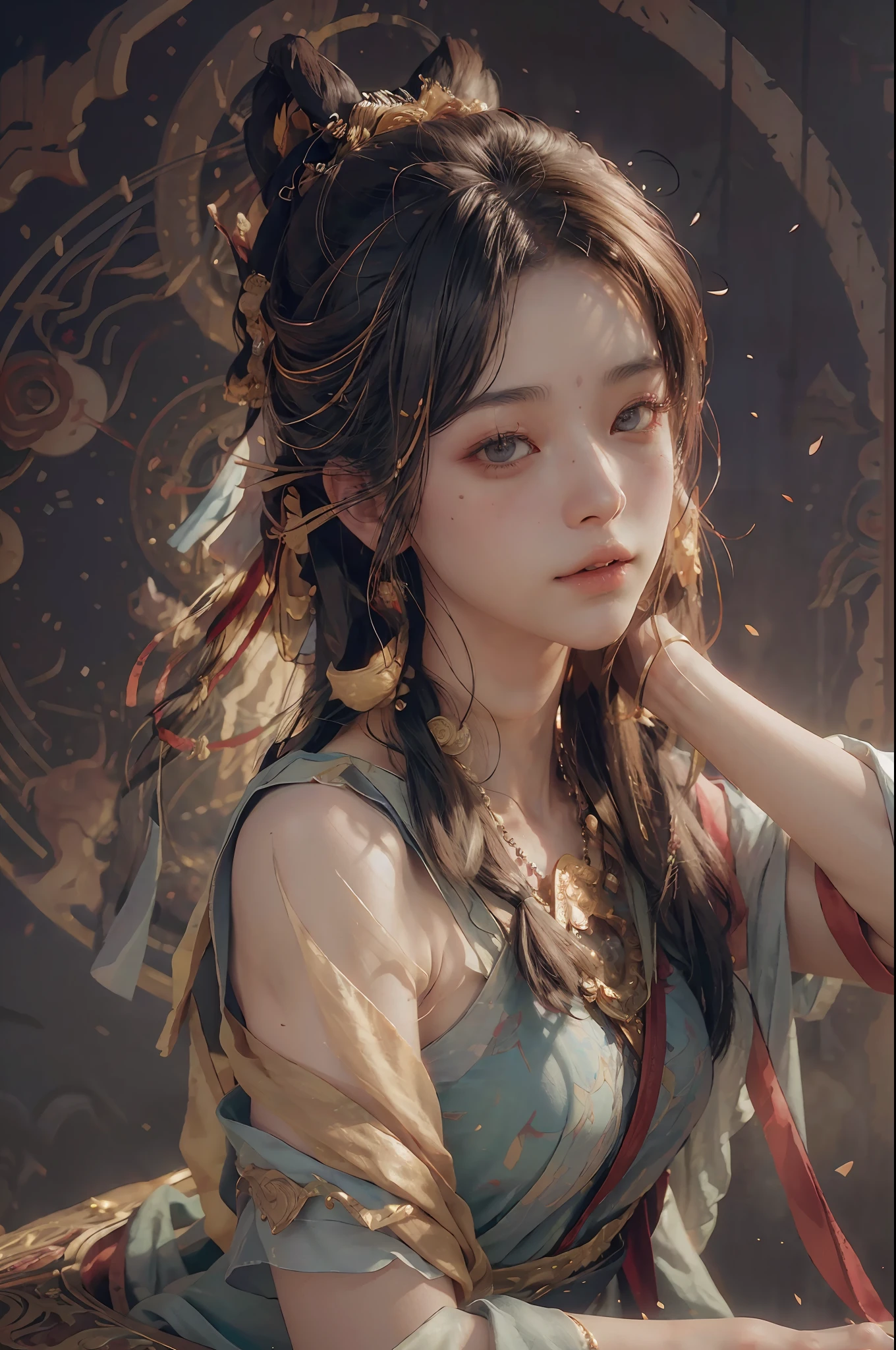 (RAW photo, best quality), (realistic, photo-realistic:1.3),best quality,highly detailed,masterpiece,ultra-detailed,illustration,1girl,upper_body,dynamic angle,world masterpiece theater,messy_long_hair,best quality,extremely detailed CG unity 8k wallpaper,ink,Amazing,cinematic lighting,lens_flare, dunhuang_style