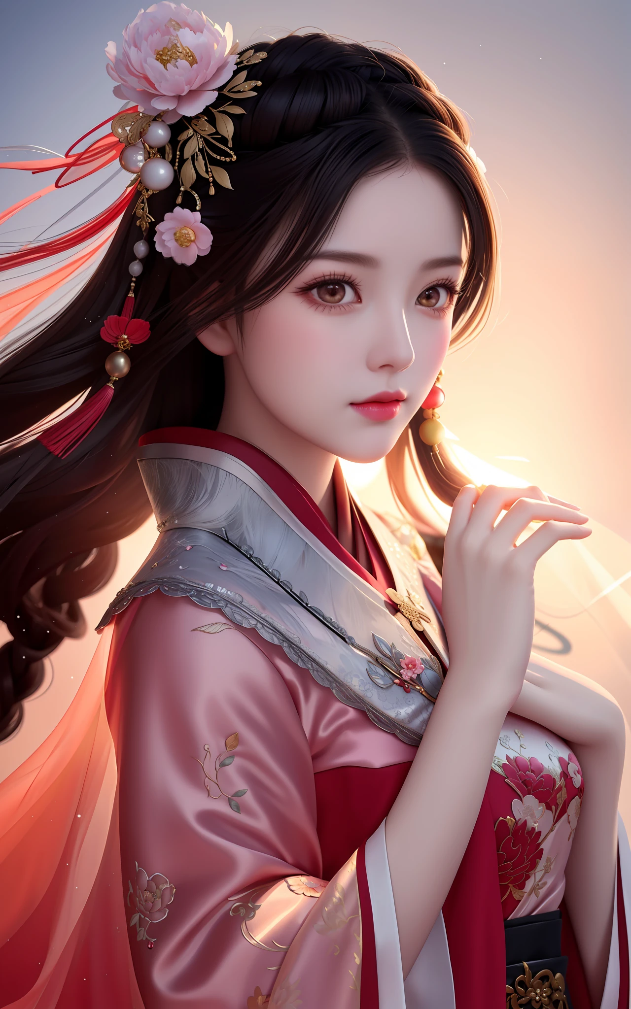 Masterpiece, upper body, 1 girl, mature woman, chinoiserie, ancient china, sister, twisted braid, curly hair, double ball head, pale pink lips, calm, intellectual, red eyes, tassels, silver thread, beads, peony flowers, robes, cloak, silk skirt, embroidery, delicate face, face close-up, hand close-up, light clothes, beautiful face, realistic, edge lighting, two-tone lighting, (high detail skin: 1.2), 8k uhd, DSLR, soft light, high quality, volumetric lighting, photo, high resolution, 4k, 8k, 8k, Background bokeh