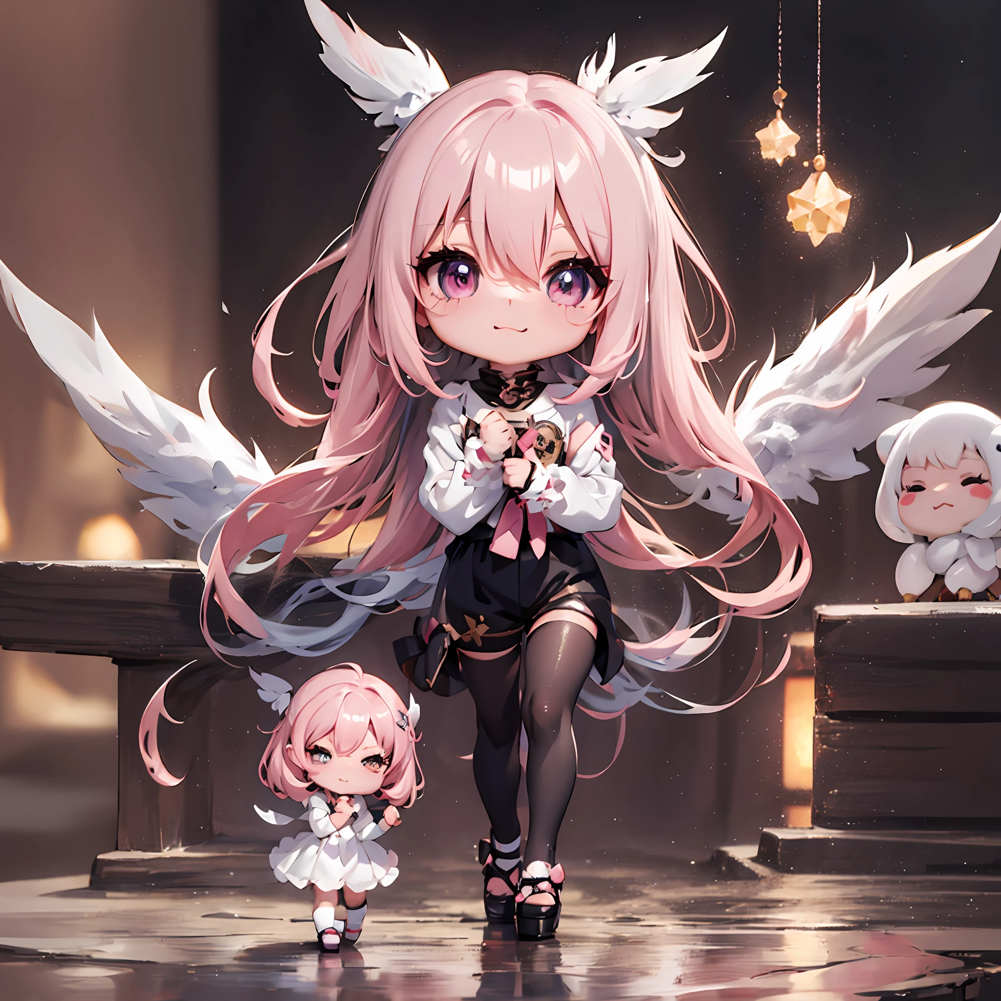 1 anime angel doll, (Chibi: 1.2), 8K high quality detail art, white feathers on the back, pink hair, gradient, twinkle, style as Nendoroid, stylized anime, anime style 4K, cute detailed digital art, Guweiz style artwork, 8K octar rendering photos, advanced digital chibi art, Cute 3d render, anime style, light, glow