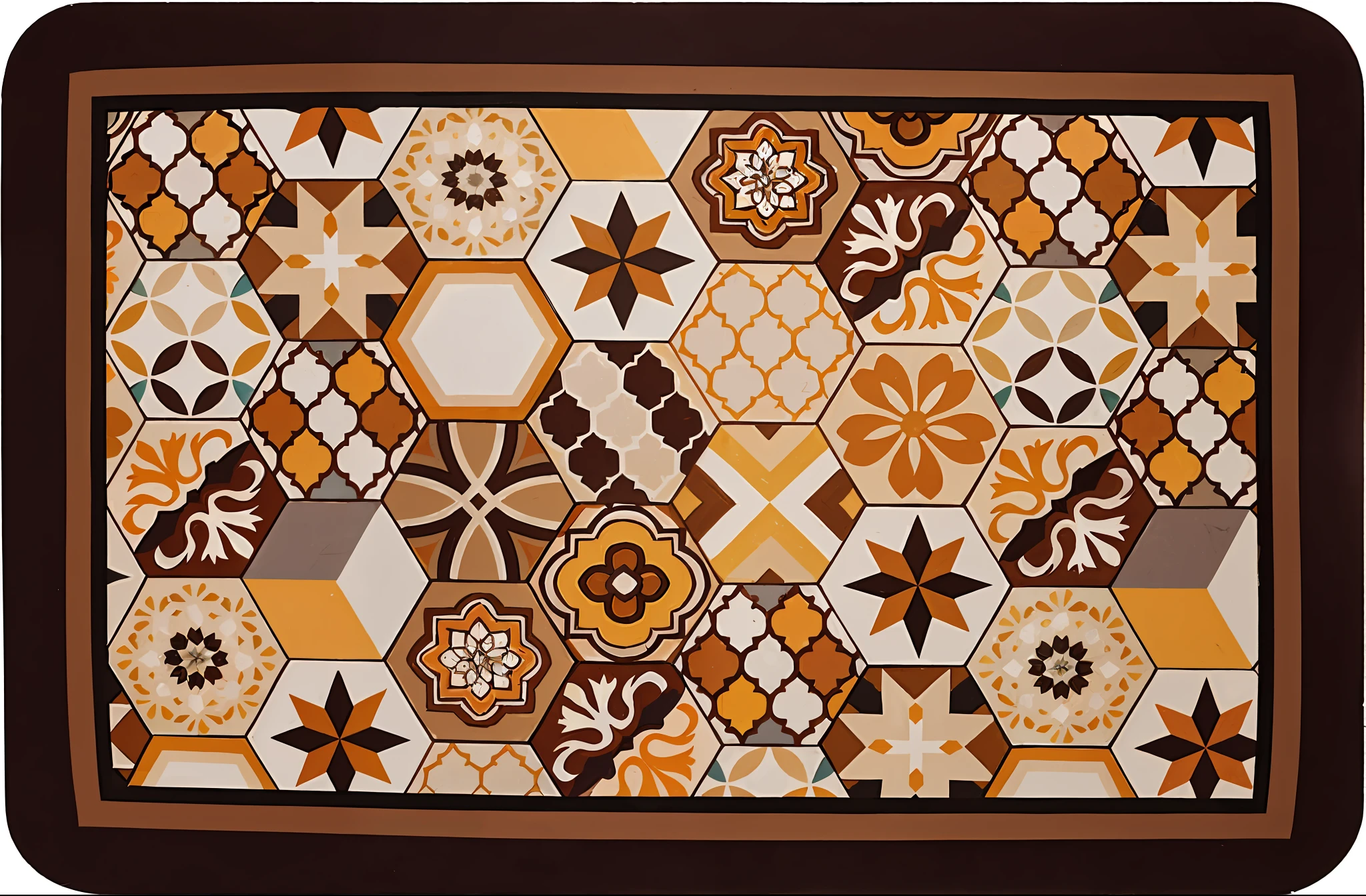 there is a picture of a colorful tile with a brown border, with blunt brown border, tiles, floor tiles, geometric design, geometric, hexagonal pattern, ornate geometric patterns, ( geometric ), hexagonal, patterned tilework, large motifs, symmetrical design, geometrical masterpiece, 7 0 s art deco, detiled