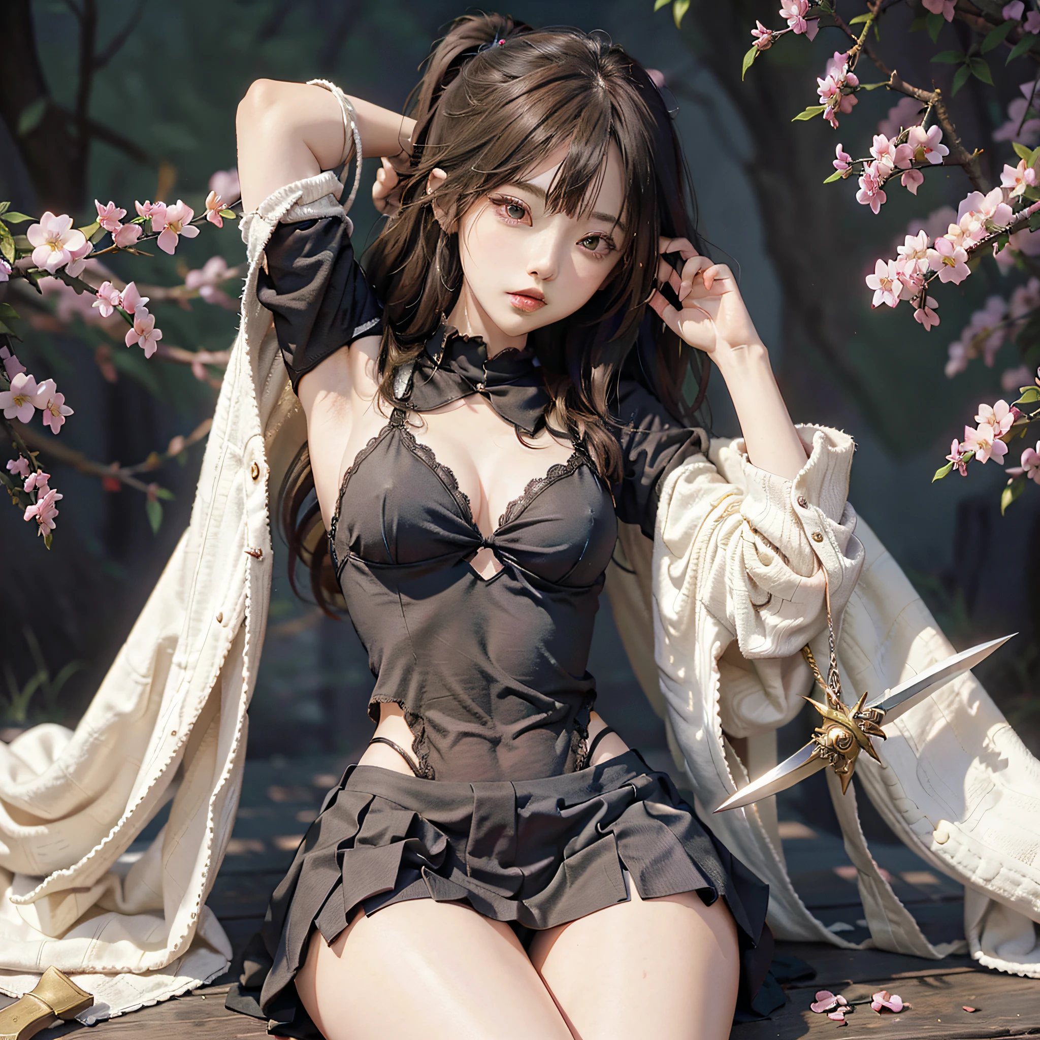 ((Anime style)) Girls. A world of swords and sorcery. Underwear. Miniskirt. He has his mouth open and his tongue sticks out. Sitting. Eyes up. --auto --s2