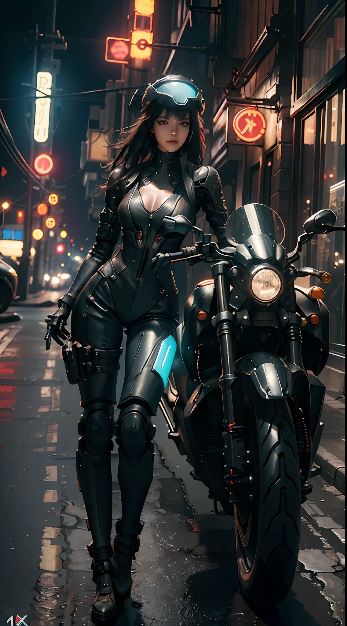Full body robot|Full body photo|detailed face|symmetry|steampunk|cyberpunk|robot|intricate|scale|hyperrealism|cinematic lighting|digital art|concept art| MDJRNY-V4 style (an artistic photo of a cyberpunk prostitute), full body photo, centered, (Very Detailed: 1.2), (Intricate Neon Slums in the Background: 1.1), Ultra Detailed, (Soft Light: 1.2), High Resolution, Cinematic Grain.Highest Quality, Outstanding Detail, Ultra High Resolution, (Realisticity: 1.4), Best Illustration, Favor Details, Highly Cohesive 1girl, with a delicate and beautiful face, wearing a mech with black and red lasers, wearing an astigmatism mech helmet, holding a direction controller, riding on a motorcycle, in the background is a high-tech lighting scene of the future city.