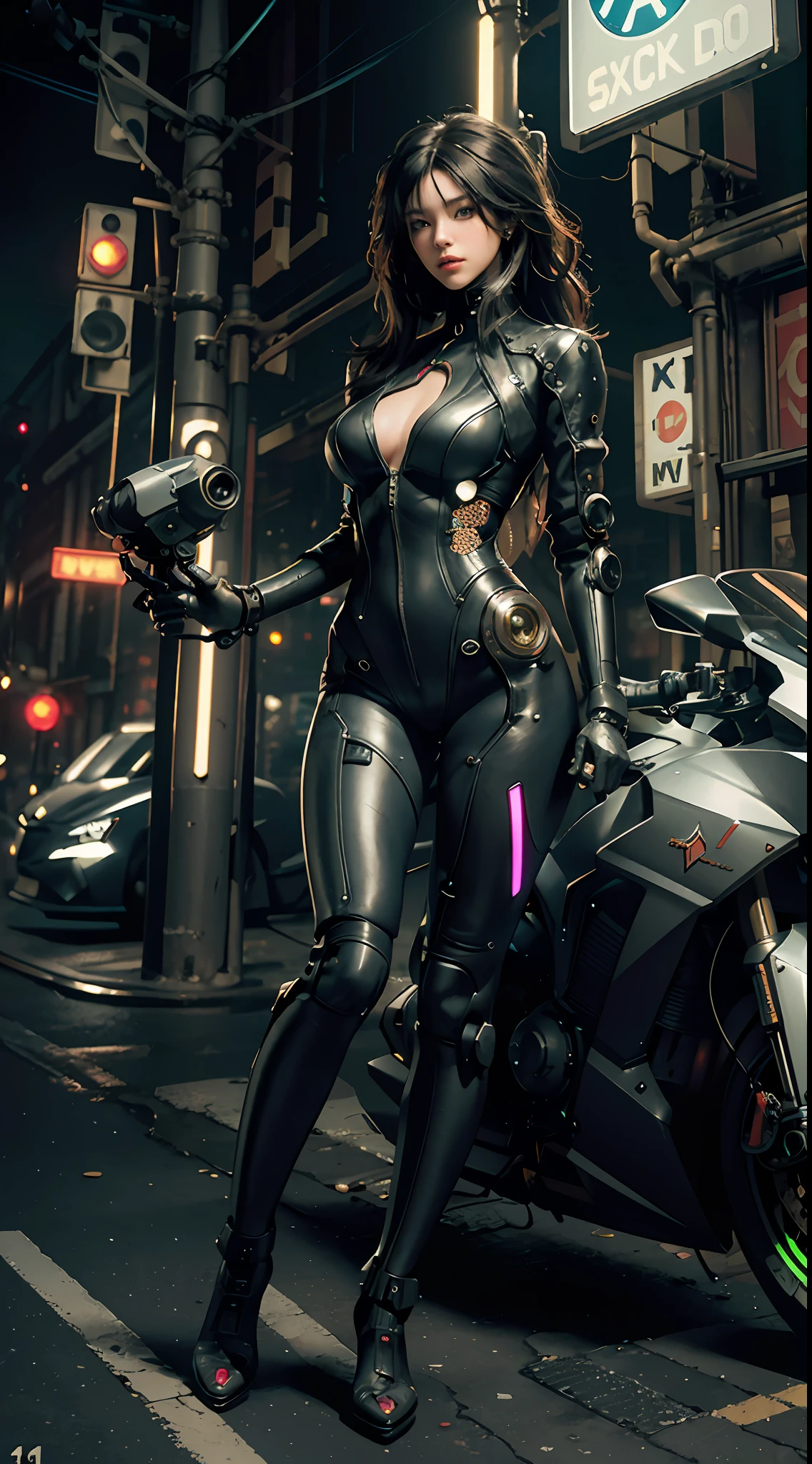 Full body robot|Full body photo|detailed face|symmetry|steampunk|cyberpunk|robot|intricate|scale|hyperrealism|cinematic lighting|digital art|concept art| MDJRNY-V4 style (an artistic photo of a cyberpunk prostitute), full body photo, centered, (Very Detailed: 1.2), (Intricate Neon Slums in the Background: 1.1), Ultra Detailed, (Soft Light: 1.2), High Resolution, Cinematic Grain.Highest Quality, Outstanding Detail, Ultra High Resolution, (Realisticity: 1.4), Best Illustration, Favor Details, Highly Cohesive 1girl, with a delicate and beautiful face, wearing a mech with black and red lasers, wearing an astigmatism mech helmet, holding a direction controller, riding on a motorcycle, in the background is a high-tech lighting scene of the future city.