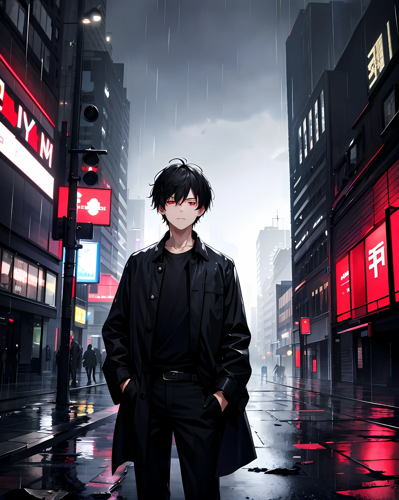 1boy,solo, standing,cowboy shot, prts, black hair, short hair, red eyes, black shirt,black coat,outdoors,rain,cityscape, ruins,ruined_city,hand in pocket,
