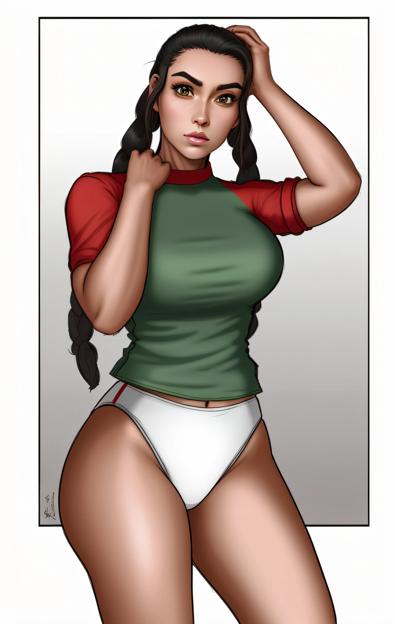 Latina in green and red shirt and white high cut panties, anime art style, detailed wrinkles