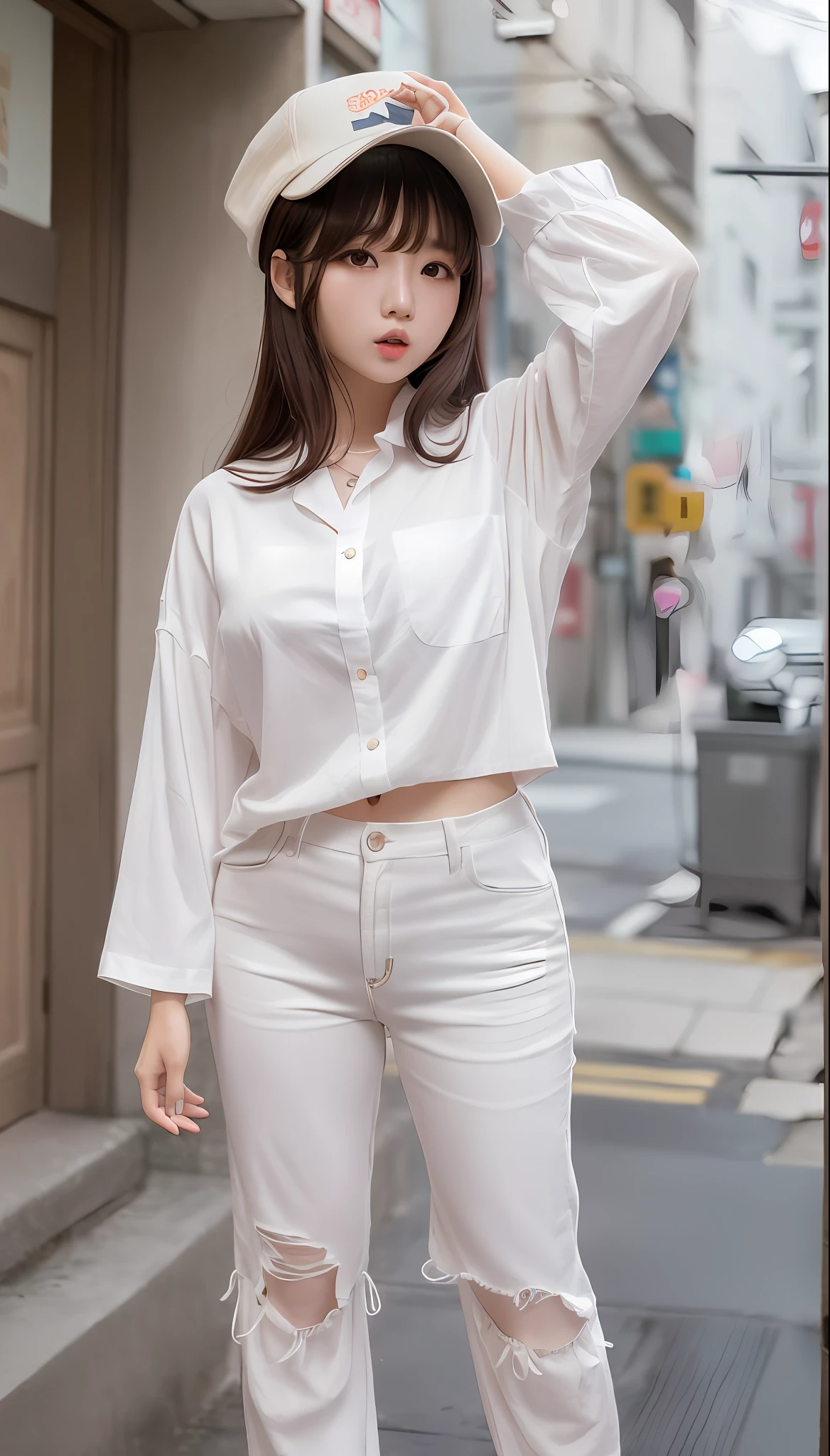 A Korean girl, 23 years old brown hair and bangs, bangs hanging down his forehead, detailed eyes, drooping eyes, dreamy, lively appearance, plump lips, slightly open mouth, expressive, wearing a white shirt, sailor pants, (full body: 1.6), masterpiece, 8K,