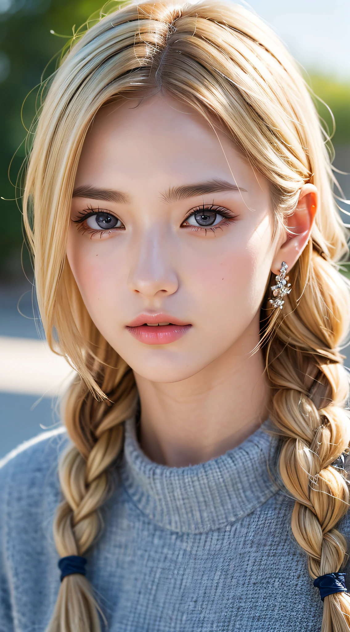  Caucasian model, close-up, masterpiece, best quality, raw photo, photorealistic, face, incredibly ridiculous, beautiful girl, cute, detailed eyes, single braid, depth of field, high resolution, ultra detail, fine detail, very detailed, very detailed eyes and face, sharp pupils, realistic pupils, sharp focus, cinematic lighting , Cohesive hairstyle, Blonde, Clean clothing, Face close-up, Masterpiece, Realistic skin texture, Ultra detailed, Lustrous hair and skin, Saggy eyes, Lowered eyebrows