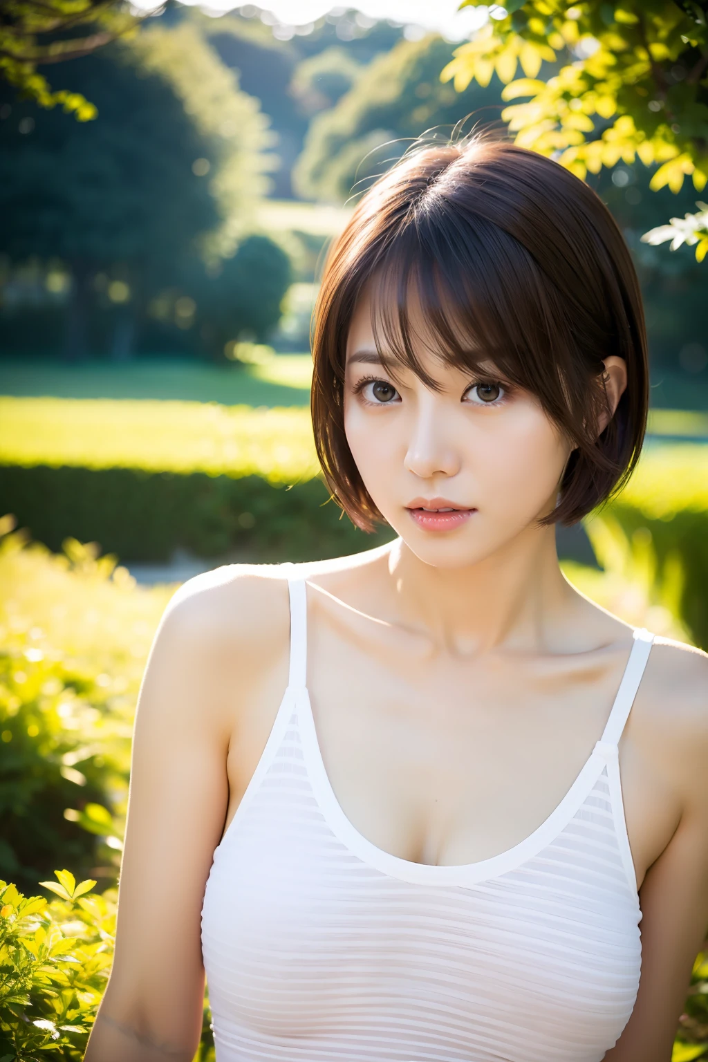 raw photo, realistic, single woman, beautiful body, big, light clothing, short hair, outdoor,