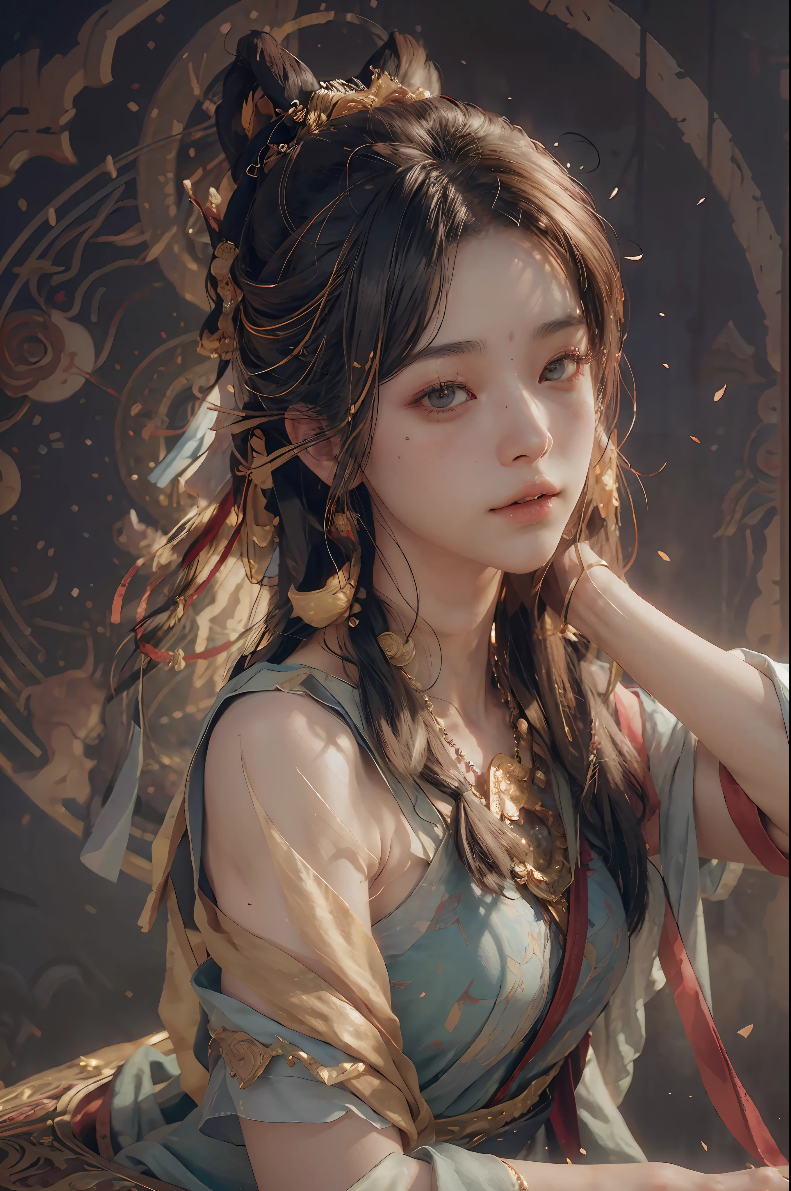 (RAW photo, best quality), (realistic, photo-realistic:1.3),best quality,highly detailed,masterpiece,ultra-detailed,illustration,1girl,upper_body,dynamic angle,world masterpiece theater,messy_long_hair,best quality,extremely detailed CG unity 8k wallpaper,ink,Amazing,cinematic lighting,lens_flare, dunhuang_style