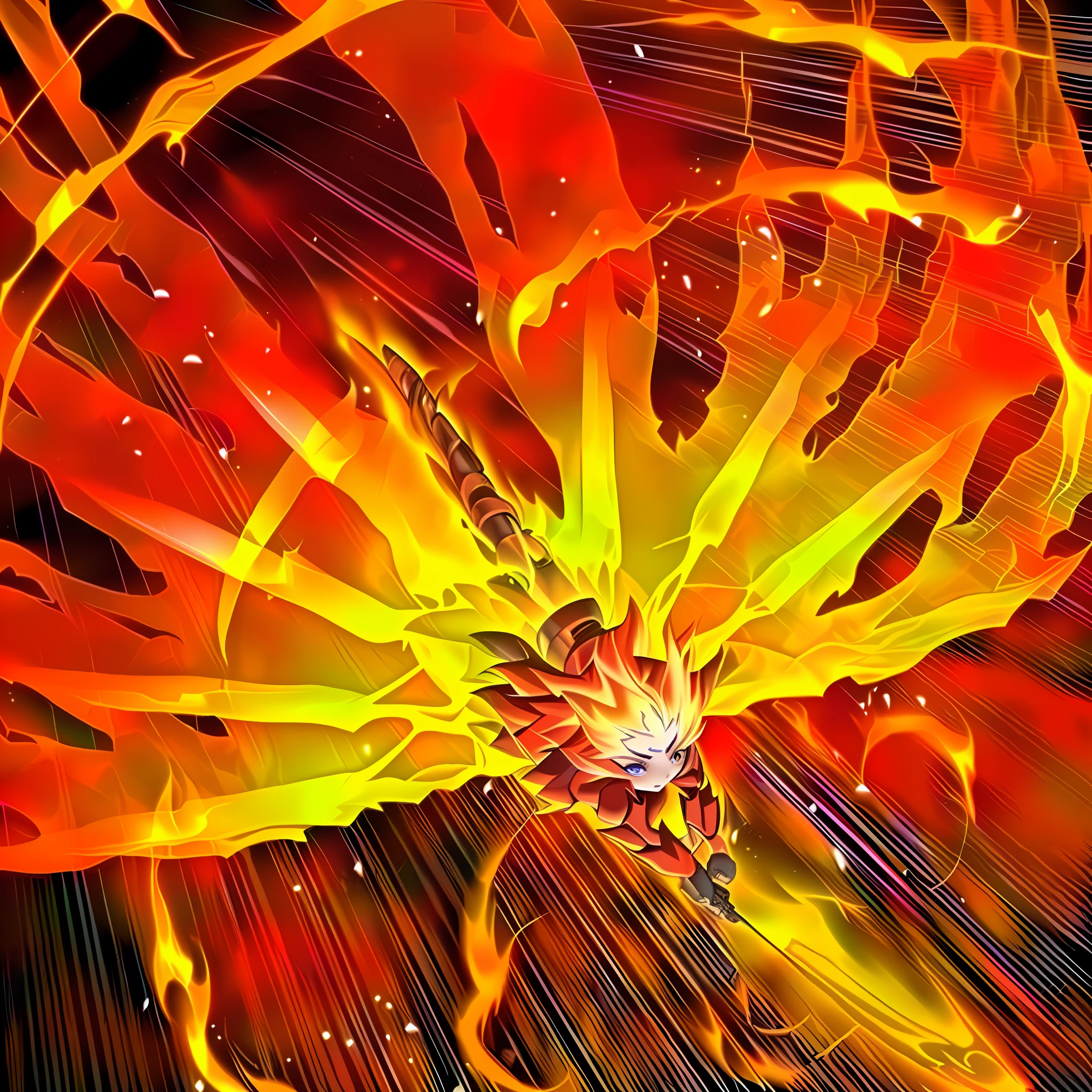 Anime, Girl with Long Tail Flying in the Air, Blazing Hell, Nine Tails, Blazing Explosion, Power of Fire Flame Spun, Fire, Engulfed by Swirling Flame, Flame Arc, Flame Summoning Armor, Fire Power, Gorgeous Flame Explosion, Fire Beam, Flame Vortex, Flame Tornado, Blazing Flame, Fire Elemental