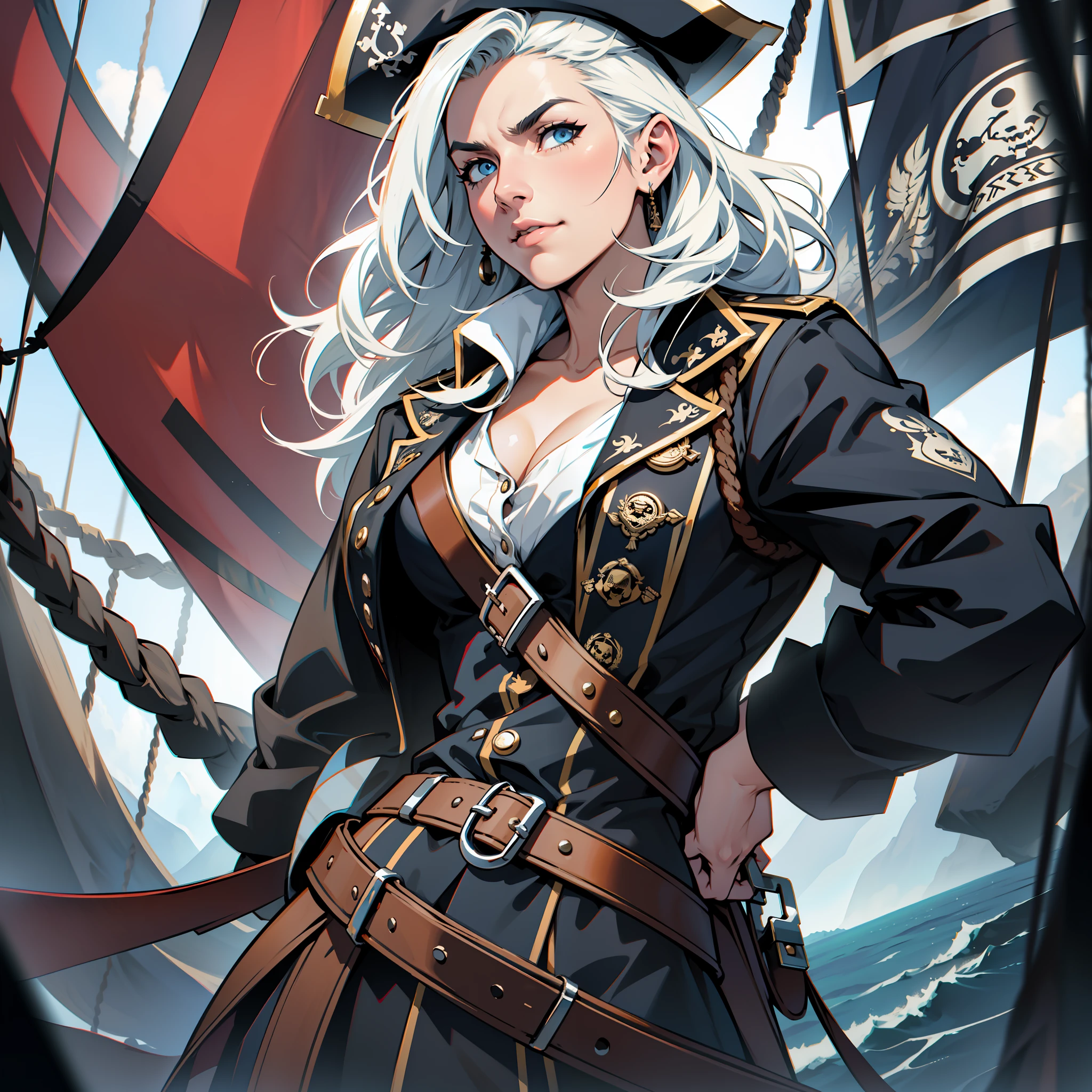 best quality, 500px, cgsociety, 8k
the most beautiful female pirate captain grabs a rope aboard a pirate ship, smirk, perfect eyes, handsome male first mate stands behind her, crew in background, breeze, blown hair, ropes, rigging
ambient light, backlight, volumetric lighting, realistic, realistic lighting, cinematic lighting, depth of field, sharp focus, dynamic pose, (face focus), (high contrast:1.2), (film grain)