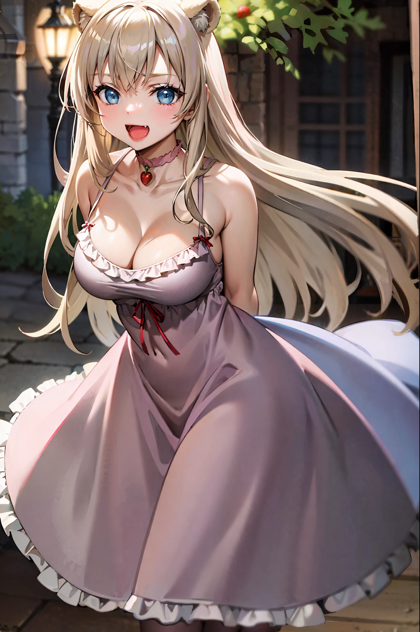 (leaning over:1.4), (masterpiece:1.2, best quality), (real picture, intricate details), 1girl, solo, absurdres, cowboy shot, standing, outdoors, :3, smile, bear girl, bear ears, ((light pink dress)), frills, very detailed dress, white thighhighs, platinum blonde hair, gray blue eyes, long hair, ((red strawberry choker)), smile, open mouth, one fang, large breasts, cleavage, sleeveless dress, arms behind back,