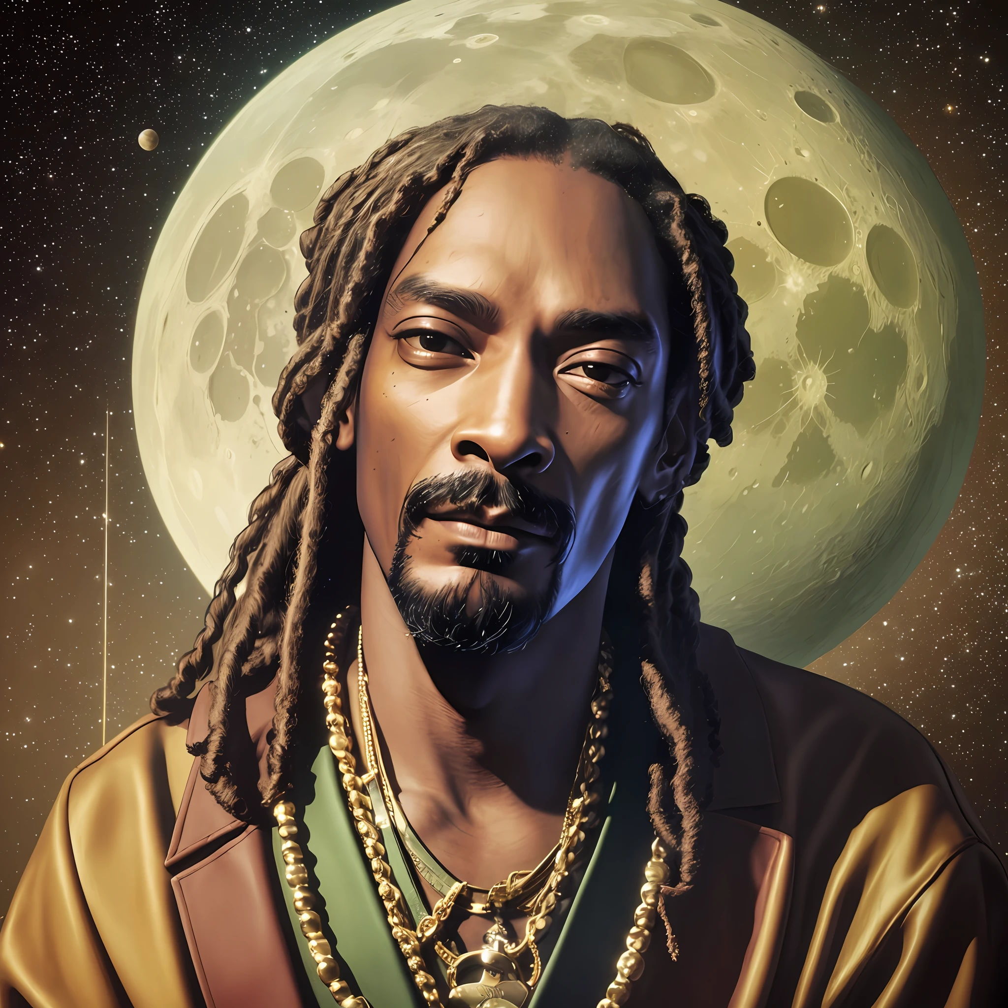 "Masterpiece: Snoop Dogg on the moon under hyper-realism, with ultra-detailed 8k cinematography, gorgeous lighting and carefully detailed." --auto --s2