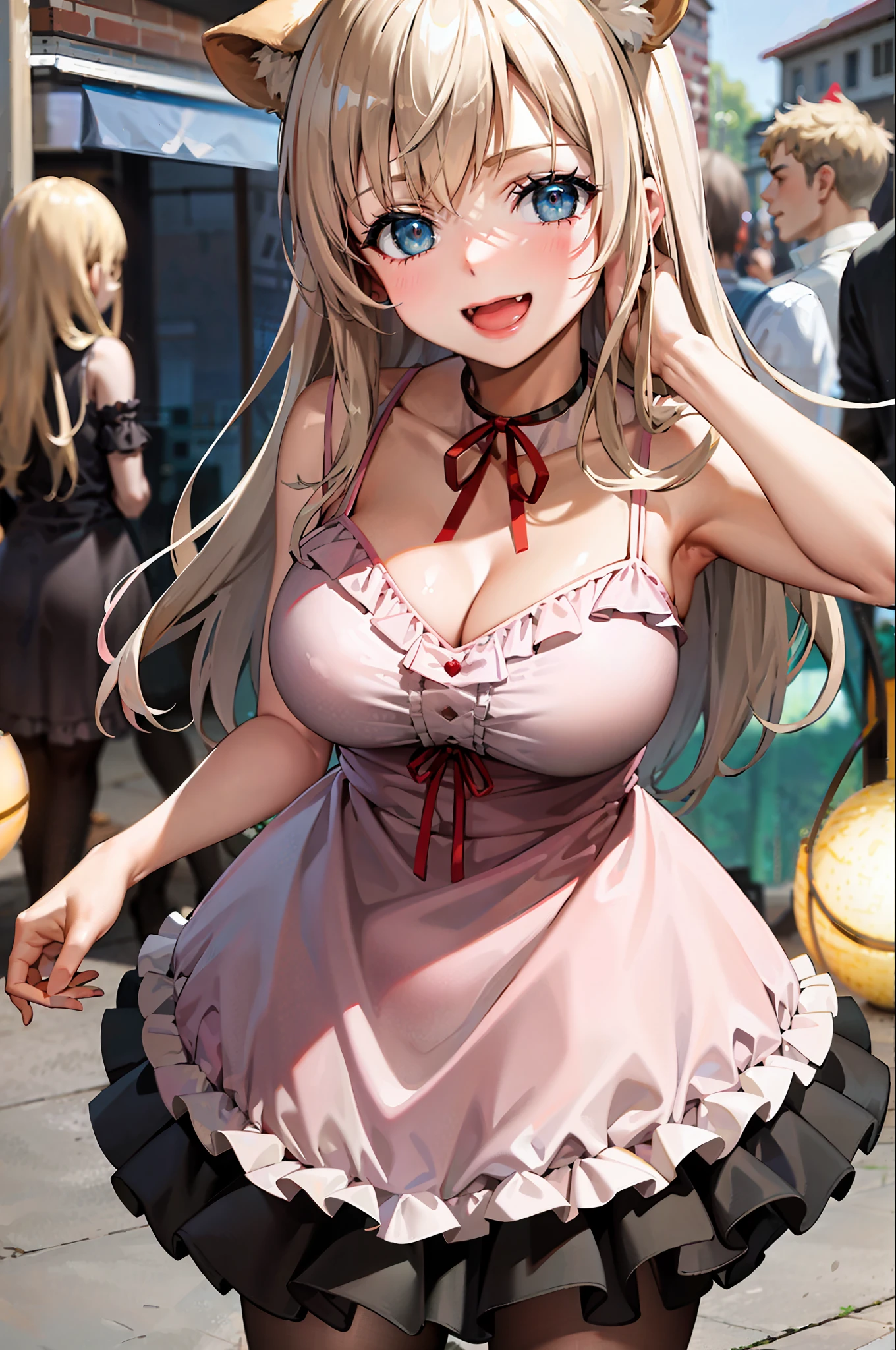 (close up:1.4), (masterpiece:1.2, best quality), (real picture, intricate details), 1girl, solo, absurdres, cowboy shot, standing, outdoors, :3, smile, bear girl, bear ears, ((light pink dress)), frills, very detailed dress, white thighhighs, platinum blonde hair, gray blue eyes, long hair, ((red strawberry choker)), smile, open mouth, one fang, large breasts, cleavage, sleeveless dress, arms behind back,