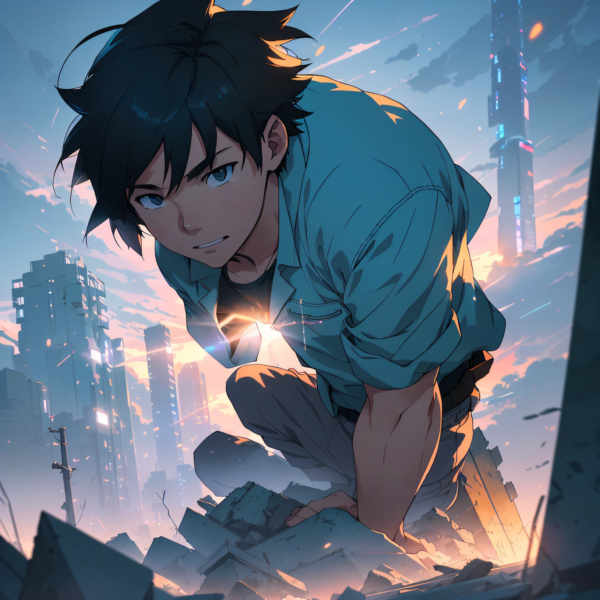 anime boy kneeling down on a pile of rubble with a city in the background, makoto shinkai cyril rolando, greg rutkowski makoto shinkai, makoto shinkai. octane render, ross tran and makoto shinkai, makoto shinkai style, makoto shinkai. digital render, makoto shinkai art style