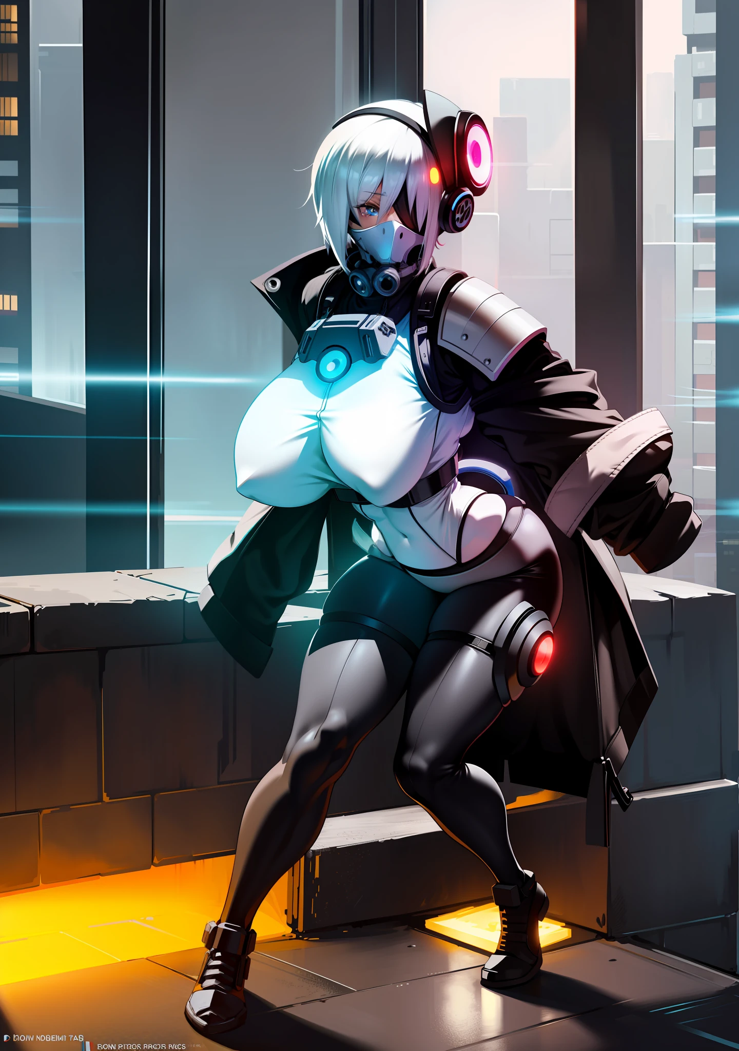 1girl, anime girl, commission for high res, thicc, lit from behind, [ 4 k digital art ]!!, sfw version, detailed fanart, oc commission, character is in her natural pose, anime lush, combine assassin, 1girl, solo, helmet, faceless, gloves, military, science fiction, gas mask, shoulder armor, bulletproof vest, one-eyed, glowing eye, petite, black bodysuit, white armor, large breasts, ass, presenting, wide hips, combine assassin, cyberpunk, city, tower, dystopia, neotokyo, ghost in the shell, blue camo, white vest, skintight, exposed thighs, exposed stomach, exposed hips, sexy tight clothes, full body shot, bike shorts, exposed legs, bare legs, street, neon light, blade runner 2033