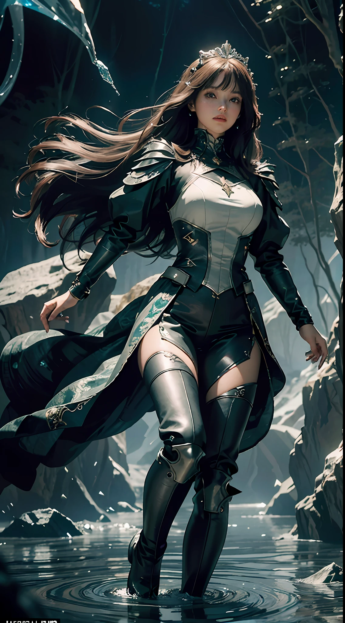 Highest image quality, outstanding details, ultra-high resolution, (realism: 1.4), the best illustration, favor details, highly condensed 1girl, with a delicate and beautiful face, dressed in a black and green mecha, wearing a mecha helmet, holding a directional controller, riding on a motorcycle, the background is a high-tech lighting scene of the future city. (ridiculous, high resolution, super detailed), 1woman, mature female, older, wavy long hair, russet hair, coral eyes, bangs, long sleeves, delicate eyes and delicate face, extremely detailed CG unity 8k wallpaper, intricate details, (style-swirlmagic:1.0), looking at viewer, solo, upper body, detailed background, close up, detailed face, (gothic dark ages theme:1.1), crystal sorcerer, dynamic pose, earth themed clothes, crystal crown, floating in the air, glowing magic fragments, surrounded by blue magic crystals, rock formations, stalactites, magic floating particles, crystal glass, crystal balls, crystal canyon background, (shallow water: 0.7), epic ethereal atmosphere, updraft, portrait