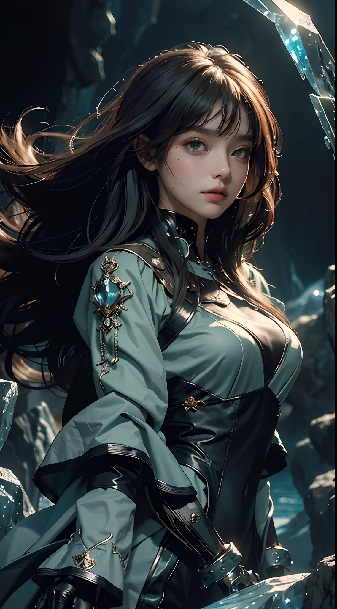 Highest image quality, outstanding details, ultra-high resolution, (realism: 1.4), the best illustration, favor details, highly condensed 1girl, with a delicate and beautiful face, dressed in a black and green mecha, wearing a mecha helmet, holding a directional controller, riding on a motorcycle, the background is a high-tech lighting scene of the future city. (ridiculous, high resolution, super detailed), 1woman, mature female, older, wavy long hair, russet hair, coral eyes, bangs, long sleeves, delicate eyes and delicate face, extremely detailed CG unity 8k wallpaper, intricate details, (style-swirlmagic:1.0), looking at viewer, solo, upper body, detailed background, close up, detailed face, (gothic dark ages theme:1.1), crystal sorcerer, dynamic pose, earth themed clothes, crystal crown, floating in the air, glowing magic fragments, surrounded by blue magic crystals, rock formations, stalactites, magic floating particles, crystal glass, crystal balls, crystal canyon background, (shallow water: 0.7), epic ethereal atmosphere, updraft, portrait