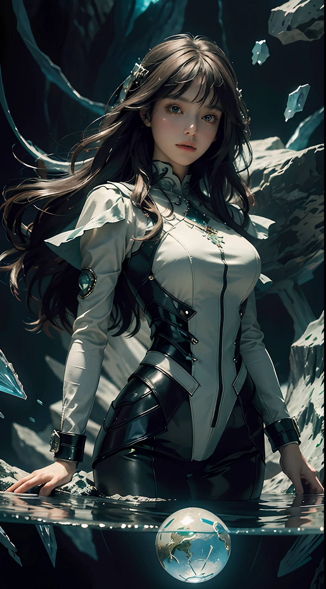 Highest image quality, outstanding details, ultra-high resolution, (realism: 1.4), the best illustration, favor details, highly condensed 1girl, with a delicate and beautiful face, dressed in a black and green mecha, wearing a mecha helmet, holding a directional controller, riding on a motorcycle, the background is a high-tech lighting scene of the future city. (ridiculous, high resolution, super detailed), 1woman, mature female, older, wavy long hair, russet hair, coral eyes, bangs, long sleeves, delicate eyes and delicate face, extremely detailed CG unity 8k wallpaper, intricate details, (style-swirlmagic:1.0), looking at viewer, solo, upper body, detailed background, close up, detailed face, (gothic dark ages theme:1.1), crystal sorcerer, dynamic pose, earth themed clothes, crystal crown, floating in the air, glowing magic fragments, surrounded by blue magic crystals, rock formations, stalactites, magic floating particles, crystal glass, crystal balls, crystal canyon background, (shallow water: 0.7), epic ethereal atmosphere, updraft, portrait