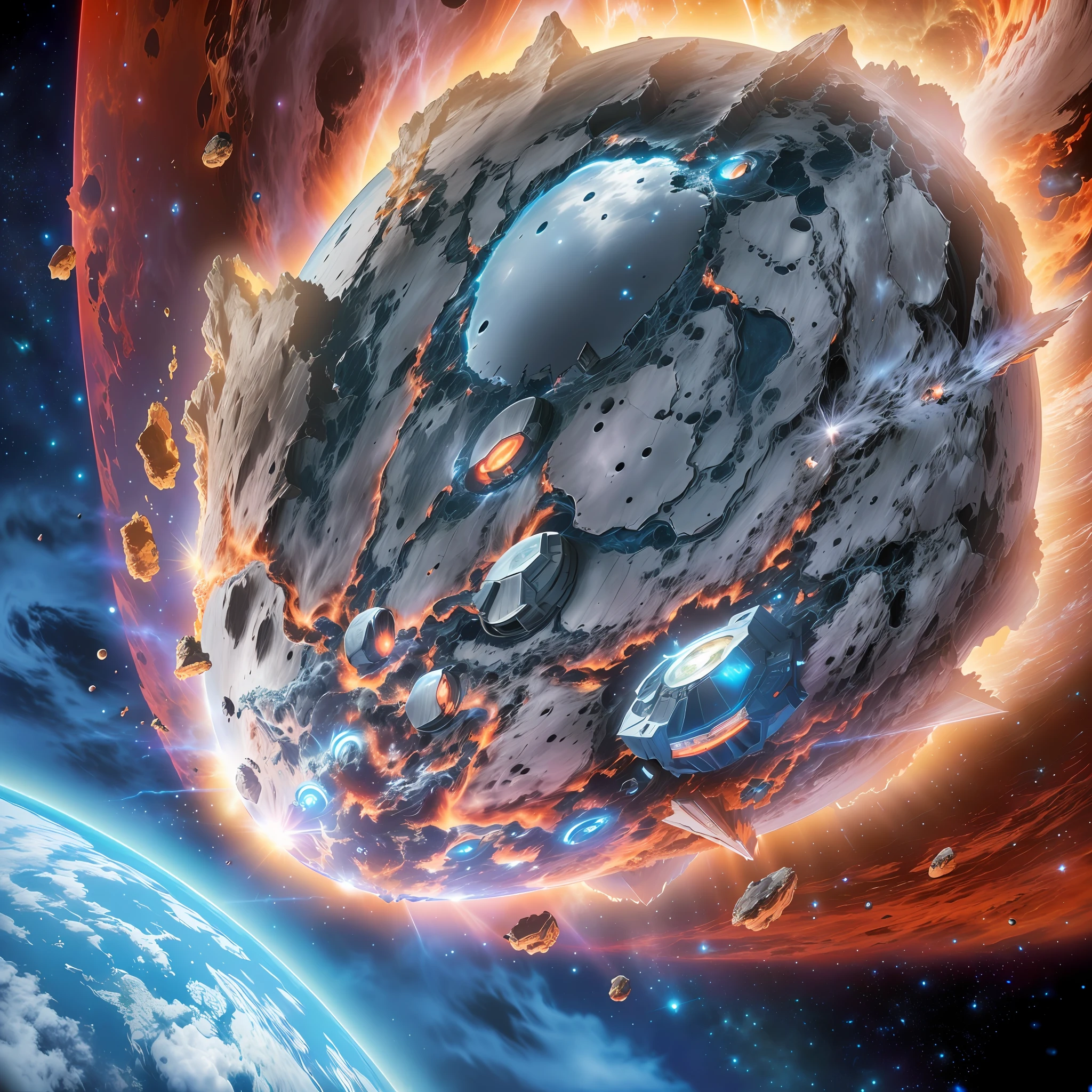 a close up of a cartoon of a space object with a planet in the background, metallic asteroid, official artwork, ominous space battle background, red planetoid exploding, destroyed planet, spaceship exploding, giant sentinel crashed on earth, gaping maw, meteorite, meteor, cosmic cataclysm, exploding planet in background, devouring a planet, background artwork