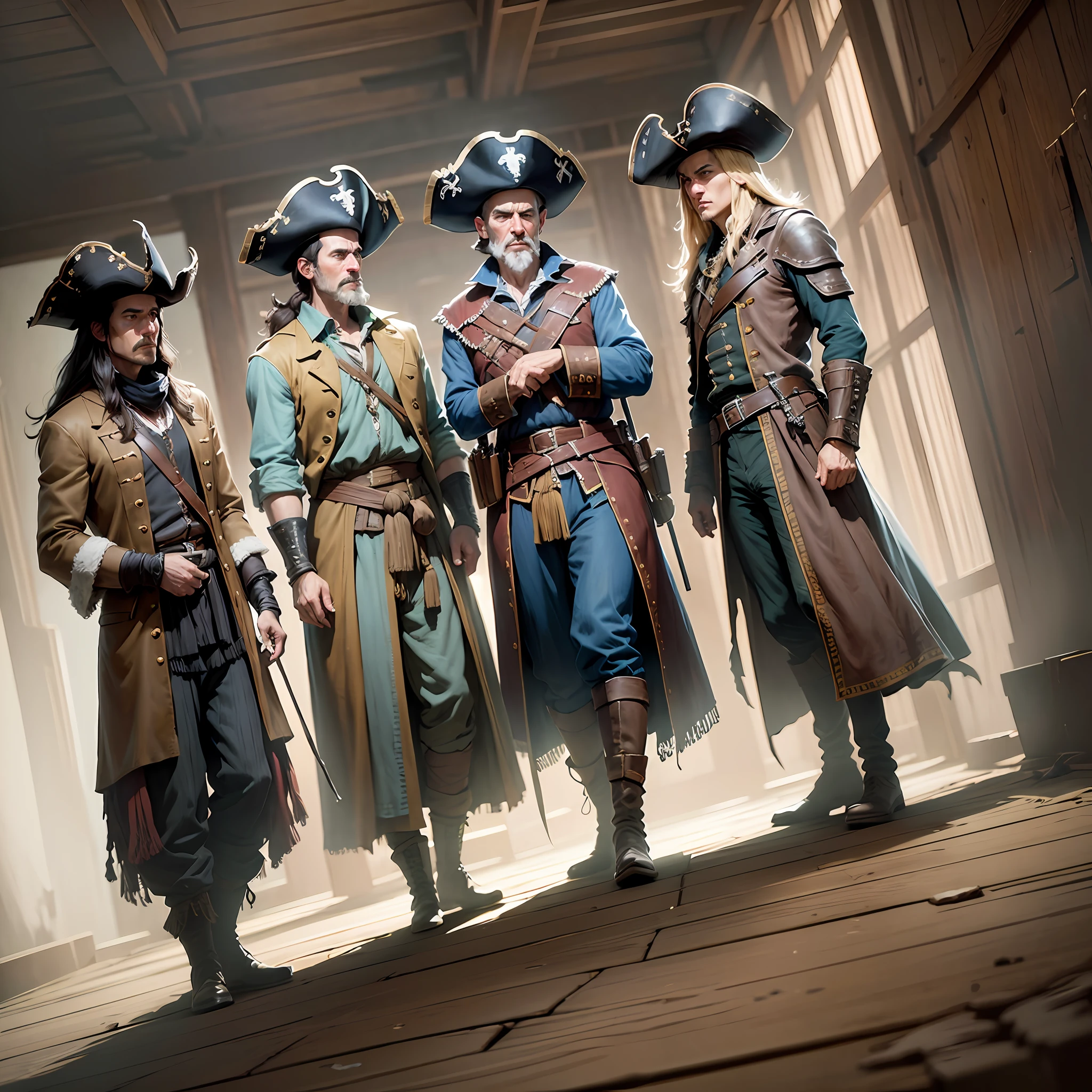 There are four men standing on an old pirate ship together looking at the camera, they are pirates, dressed as pirates, faces and eyes identical to the reference image, the floor is dark wood, the walls are dark wood, portrait image, promotional photo, super high resolution, dark dramatic lighting, modelshoot style, (extremely detailed CG unit 8k wallpaper),  photo of the world's most beautiful artwork, majestic professional oil painting by Ed Blinkey, Atey Ghailan, Studio Ghibli, by Jeremy Mann, Greg Manchess, Antonio Moro, trending on ArtStation, trending on CGSociety, Intricate, High Detail, Sharp focus, dramatic, photorealistic painting art by midjourney and greg rutkowski, (brightly lit) --auto --s2