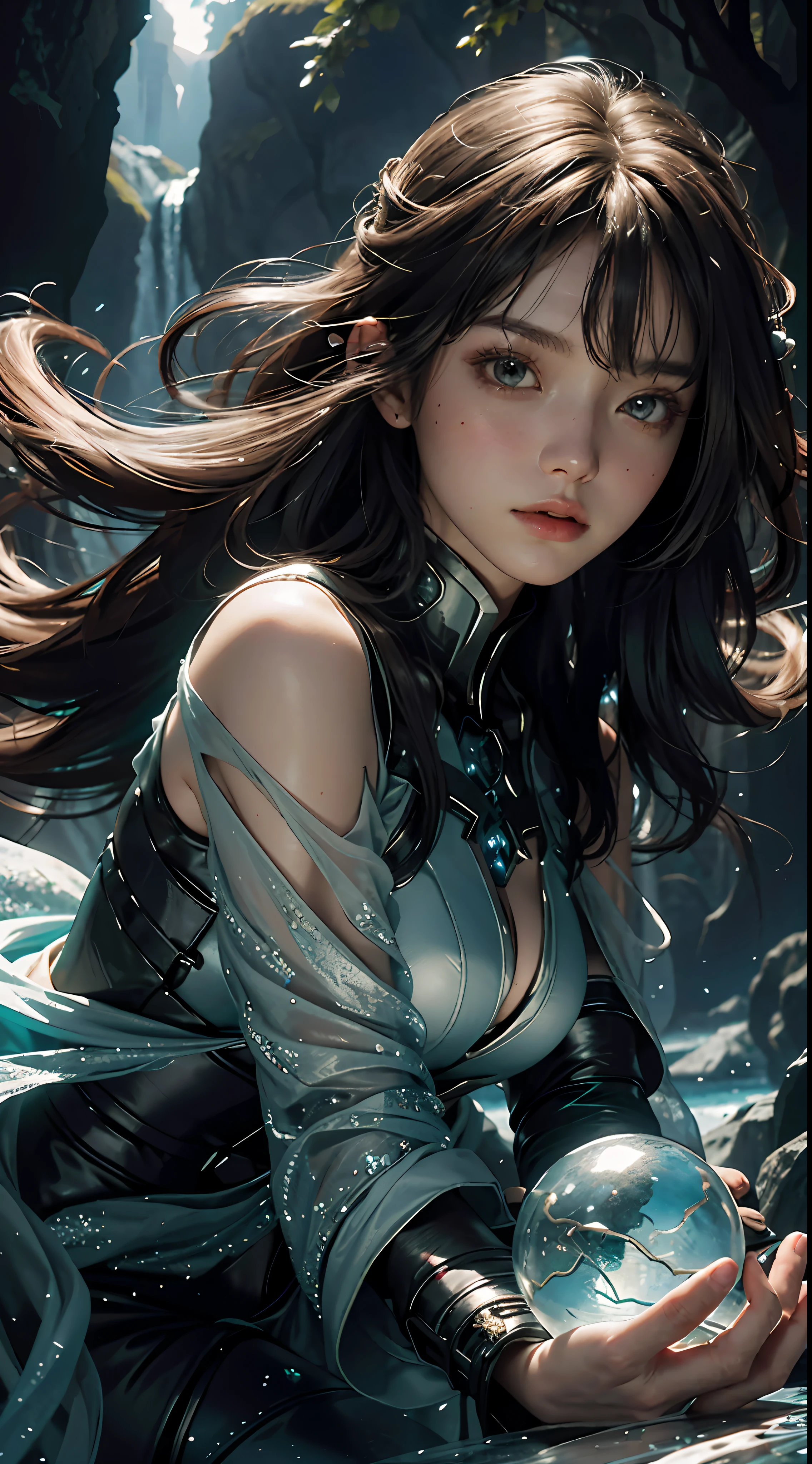Highest image quality, outstanding details, ultra-high resolution, (realism: 1.4), the best illustration, favor details, highly condensed 1girl, with a delicate and beautiful face, dressed in a black and green mecha, wearing a mecha helmet, holding a directional controller, riding on a motorcycle, the background is a high-tech lighting scene of the future city. (ridiculous, high resolution, super detailed), 1woman, mature female, older, wavy long hair, russet hair, coral eyes, bangs, long sleeves, delicate eyes and delicate face, extremely detailed CG unity 8k wallpaper, intricate details, (style-swirlmagic:1.0), looking at viewer, solo, upper body, detailed background, close up, detailed face, (gothic dark ages theme:1.1), crystal sorcerer, dynamic pose, earth themed clothes, crystal crown, floating in the air, glowing magic fragments, surrounded by blue magic crystals, rock formations, stalactites, magic floating particles, crystal glass, crystal balls, crystal canyon background, (shallow water: 0.7), epic ethereal atmosphere, updraft, portrait