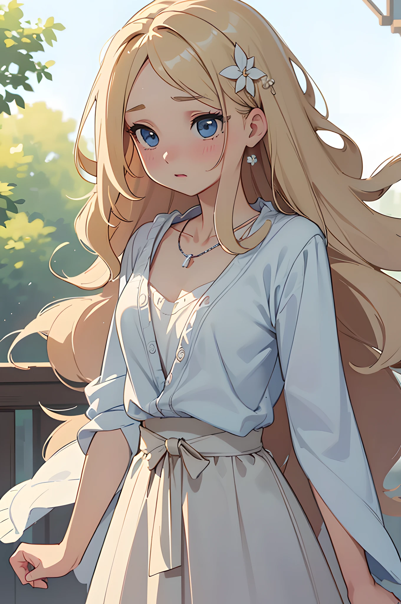 (masterpiece), (portrait), (aesthetic), (beautiful), (upper blody), (high quality), (aesthetic clothings), (professional angle), (rule of thirds), (Feminine), (woman), (female), (beautiful),(feminine features), (21 years), solo, 1 woman, (attractive English), Blushing, (-), (Daytime), (Soft light), ((Wide-eyed Expression)), (Hands on Cheeks Hands), ((Looking Downwards Face)), ((Shy)), (Natural Make-up), (Moderate Bust), (Dainty Necklace), ((Long Hair)), (Blonde Hair), (Straight Hair), (Loose Curls hair), (Flower Hairpin in Hair), (Wide Open Eyes), (Blue Eyes), (Innocent Look), Fair skin, (Pastel Colors Clothing), (Sundress), (Cardigan), (Skirt ), (Sweetheart Neckline), ((Urban Setting background)), (Close-Up Shot),