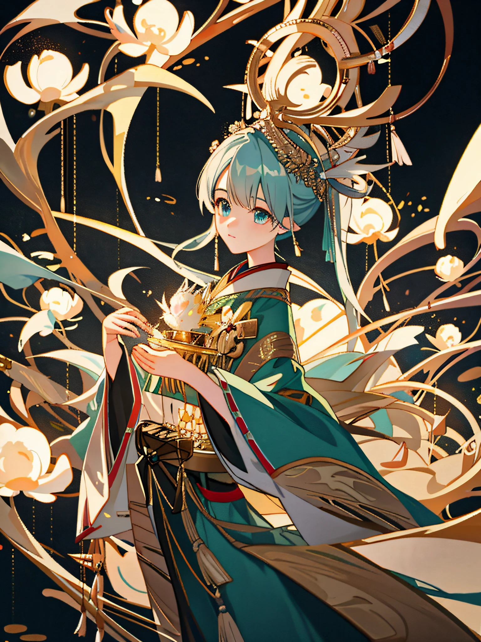 an illustration of a woman in traditional chinese costume, in the style of anime aesthetic, 32k uhd, blink-and-you-miss-it detail, i can't believe how beautiful this is, anime-inspired characters, beige and aquamarine, close-up,