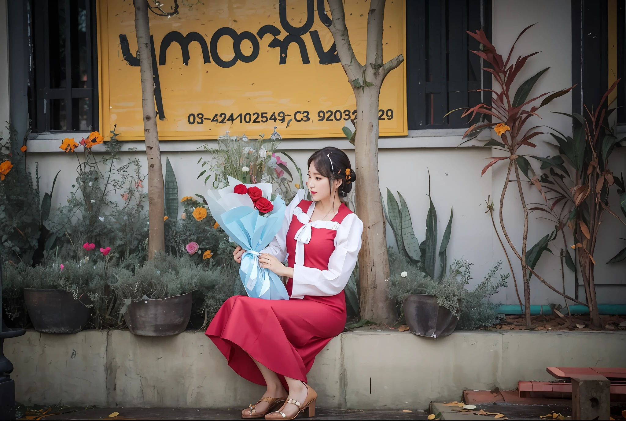 there is a woman sitting on a bench holding a bunch of flowers, monika, ao dai, nostalgic feeling, photoshoot, detailed picture, shot on sony a 7, cosplay of a catboy! maid! dress, photo portrait, portrait shot, mid shot portrait, photo taken with nikon d 7 5 0, photo taken with nikon d750, vietnamese woman