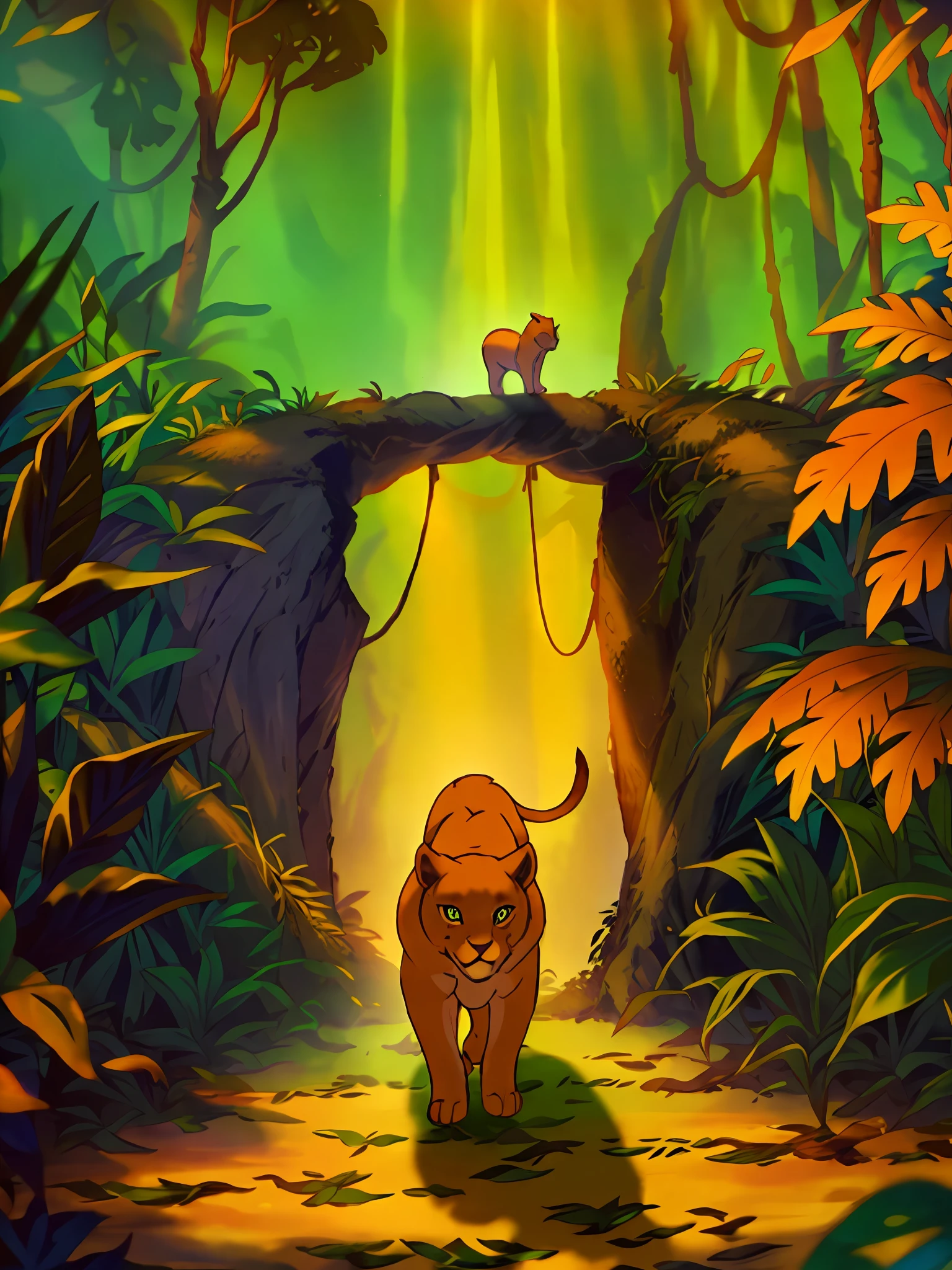 One, gorgeous Viking cat walking in the wild and colorful jungle, supersaturated, Pixar, 8k, album art, suspense style, golden ratio, perfect composition, a masterpiece, trend in artstation, brown coat