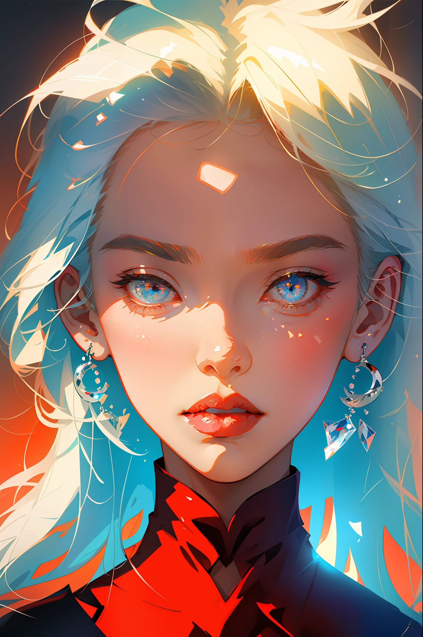 The perfect masterpiece,Highest quality,Perfect artwork,8K,
Upper Body Lens,front portrait,Delicate face,Face Close-up,Watching the audience,
boy, young, chrome eyes,Magical transparent eyes,white hair,Red background,
Digital Art,plane illustrations,colorful illustration,minimalist style,anime cartoon style,
