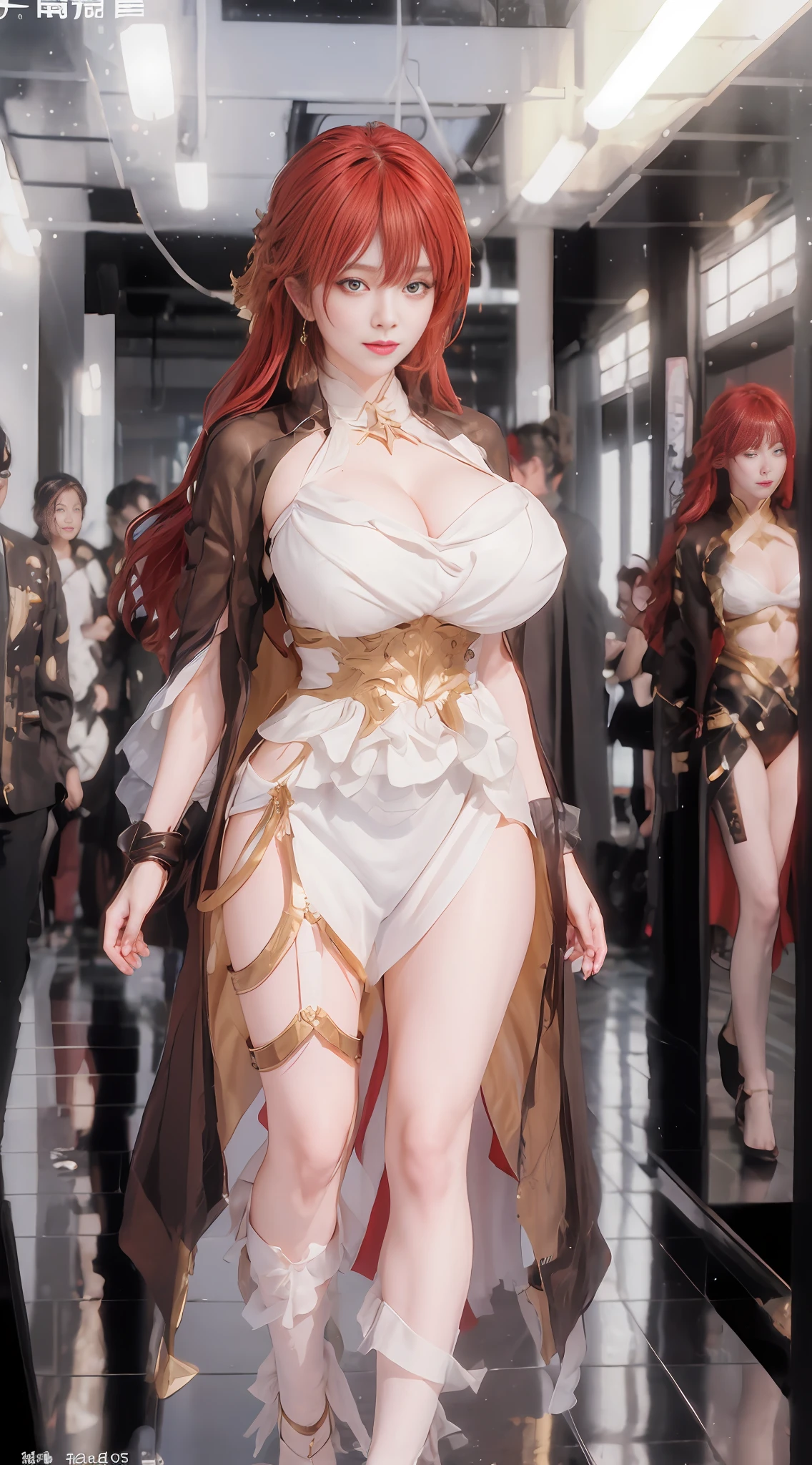 Unreal Engine 5 Realistic Rendering, wearing cosplay from Honkai Star Rail, Honkai Star Rail, game character, cosplayer, walking down hallway of futuristic space station, beautiful face, makeup, top body is hyper realistic thicc muscle and hyper largest_breasts!! with the type of boobs_melons, lower is huge buttocks, jealous, highres, 1080P, UHD, masterpiece, bokeh,